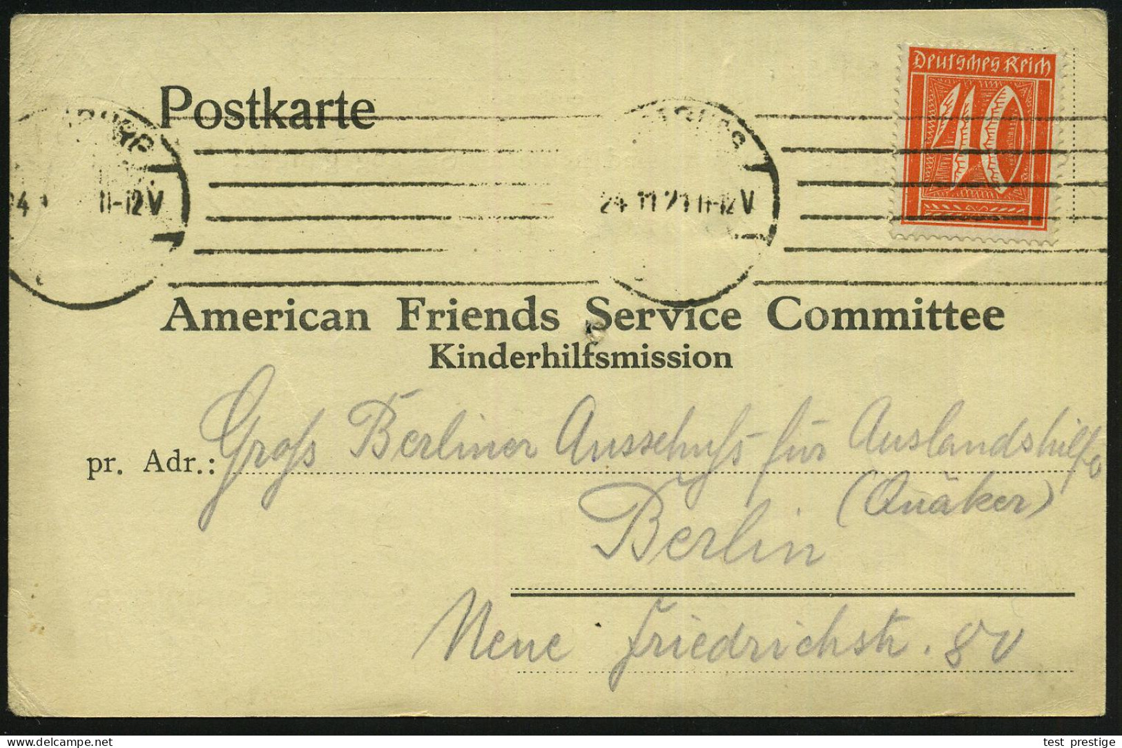 Hamburg 1921 (Nov.) Seltene Vordr.-Kt.: "American Friends Service Committee, Kinderhilfsmission" = US-Kinderhilfs-Organi - Autres & Non Classés