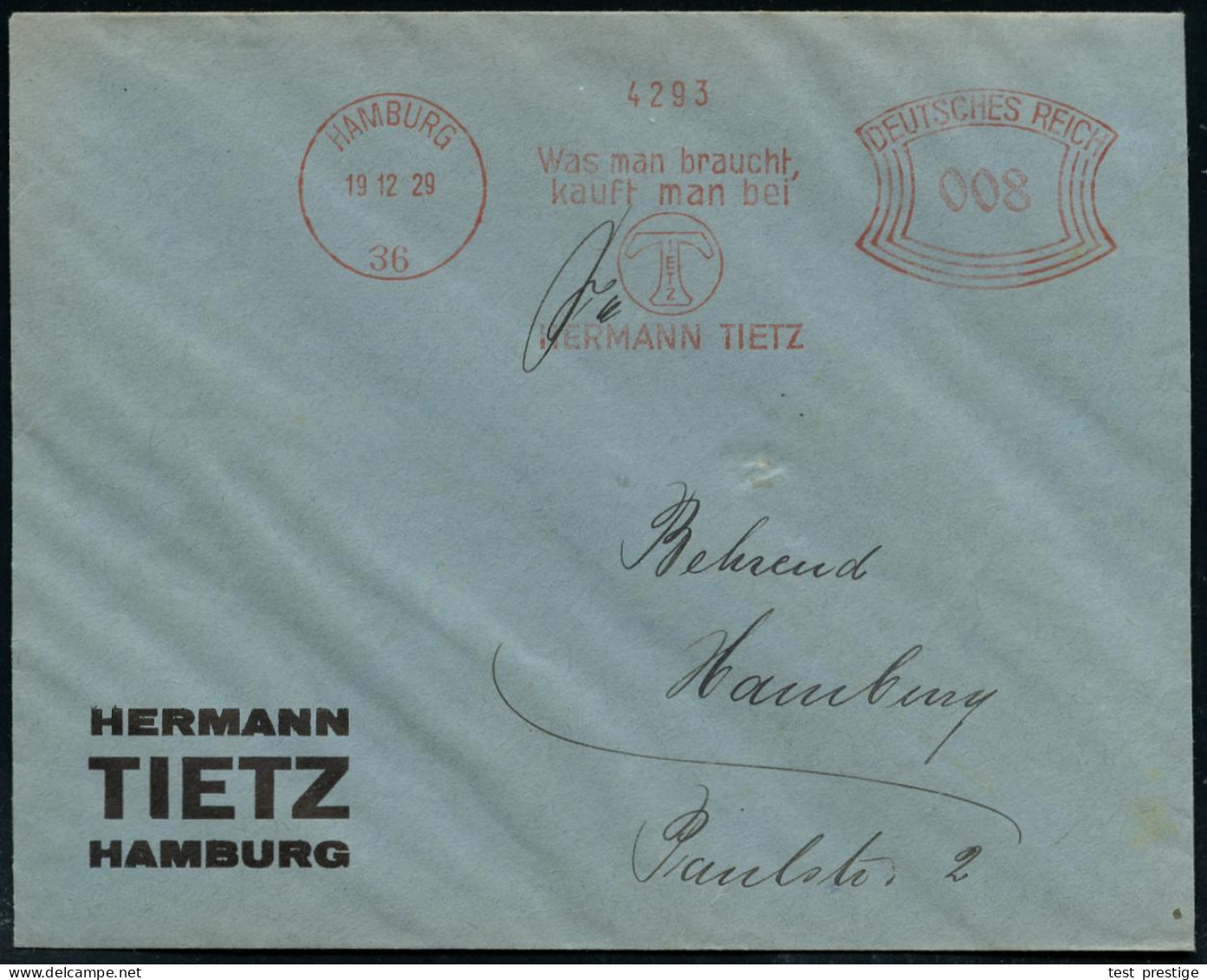 HAMBURG/ 36/ Was Man Braucht,/ Kauft Man Bei/ HERM.TIETZ 1929 (19.12.) AFS (Monogr.-Logo) Firmen-Bf., = Jüd. Kaufhauszor - Autres & Non Classés