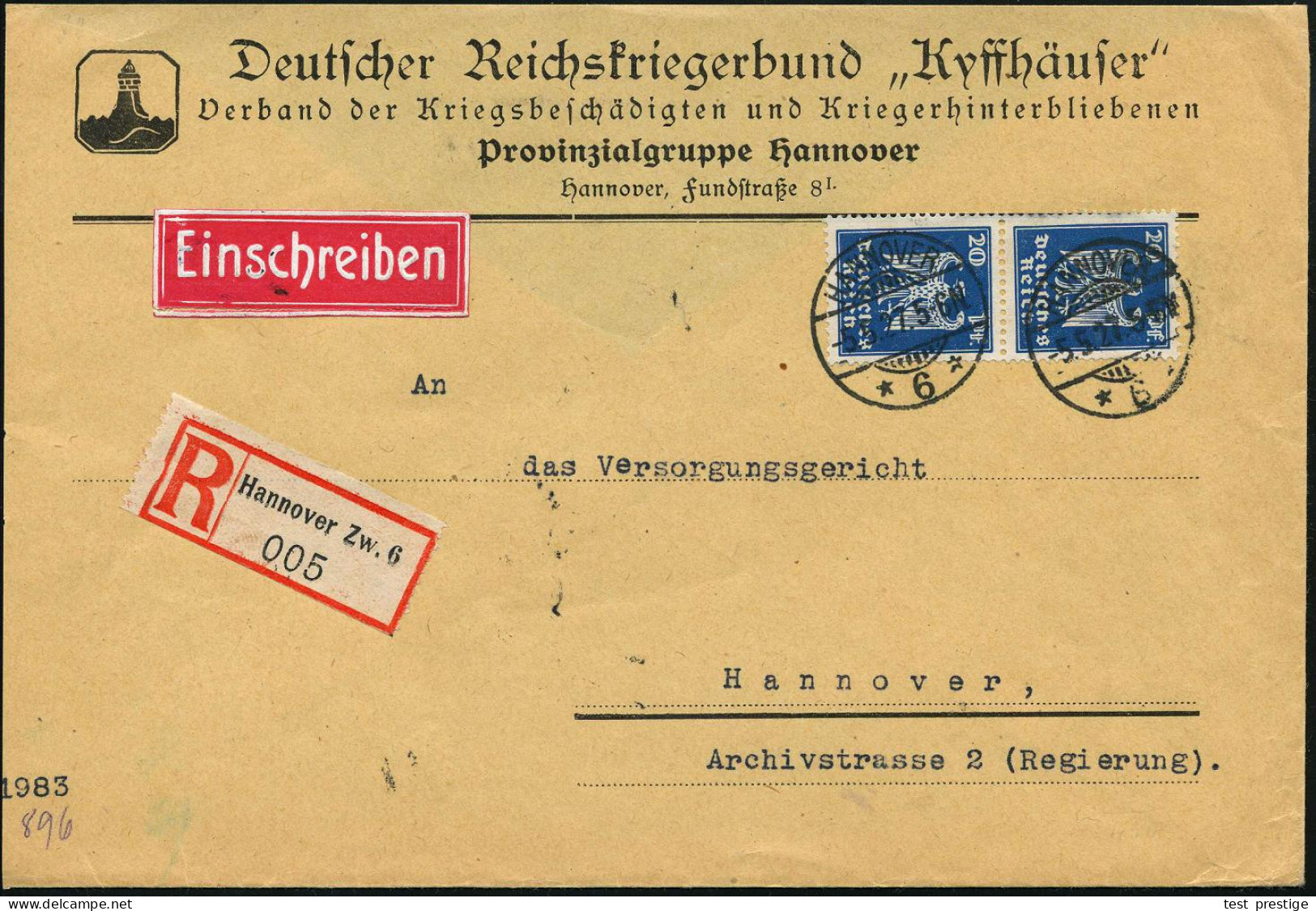 HANNOVER/ *6* 1927 (5.5.) 1K-Gitter Auf Paar 20 Pf. Adler + RZ: Hannover Zw. 6 , Vordr.-Bf. (rs. Fehlt Klappe): Deutsche - Otros & Sin Clasificación