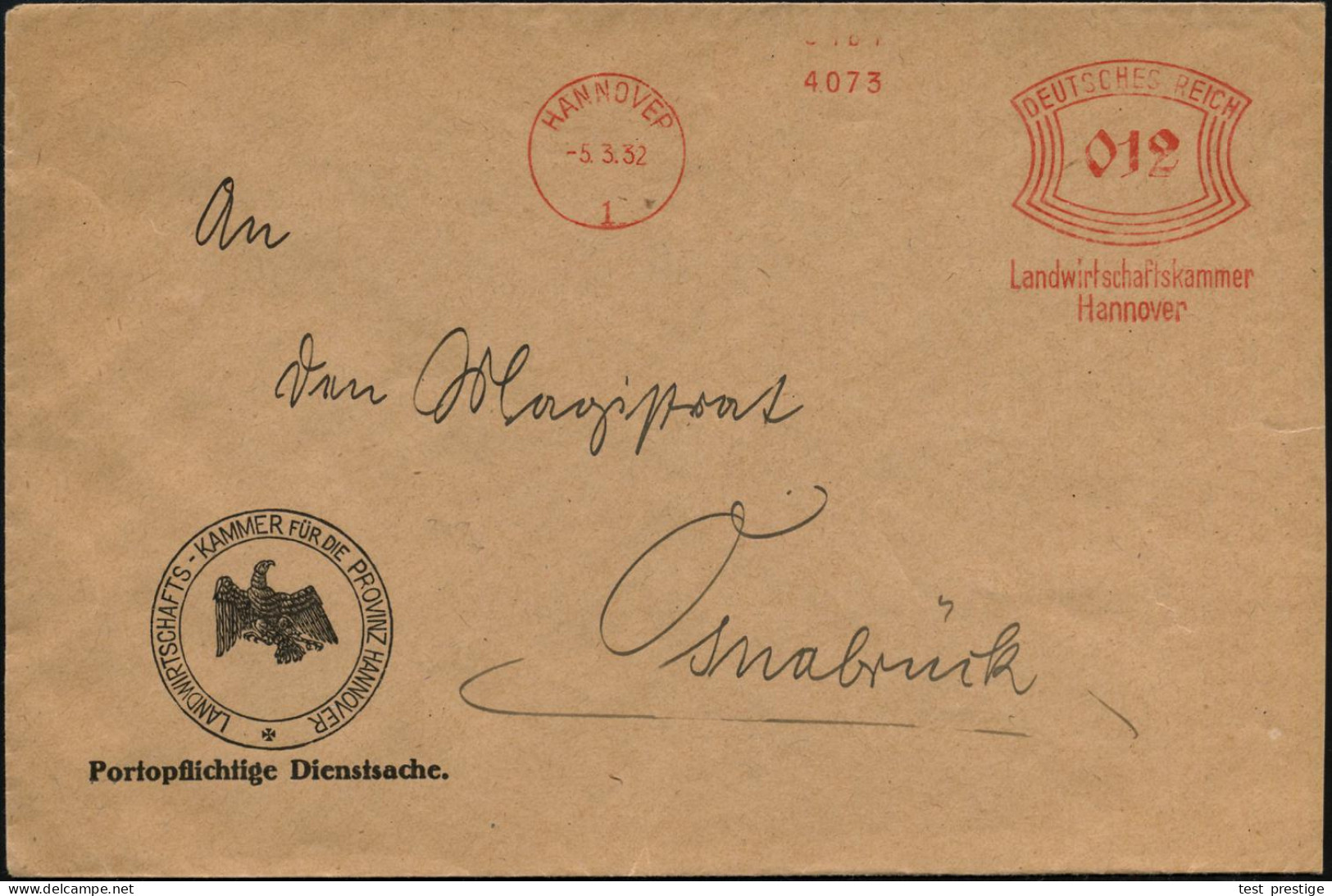 HANNOVER/ 1/ Landwirtschaftskammer 1932 (5.3.) AFS Francotyp , Dekorativer Dienst-Bf. (Dü.E-1BAh) - WEIMARER REPUBLIK 19 - Other & Unclassified