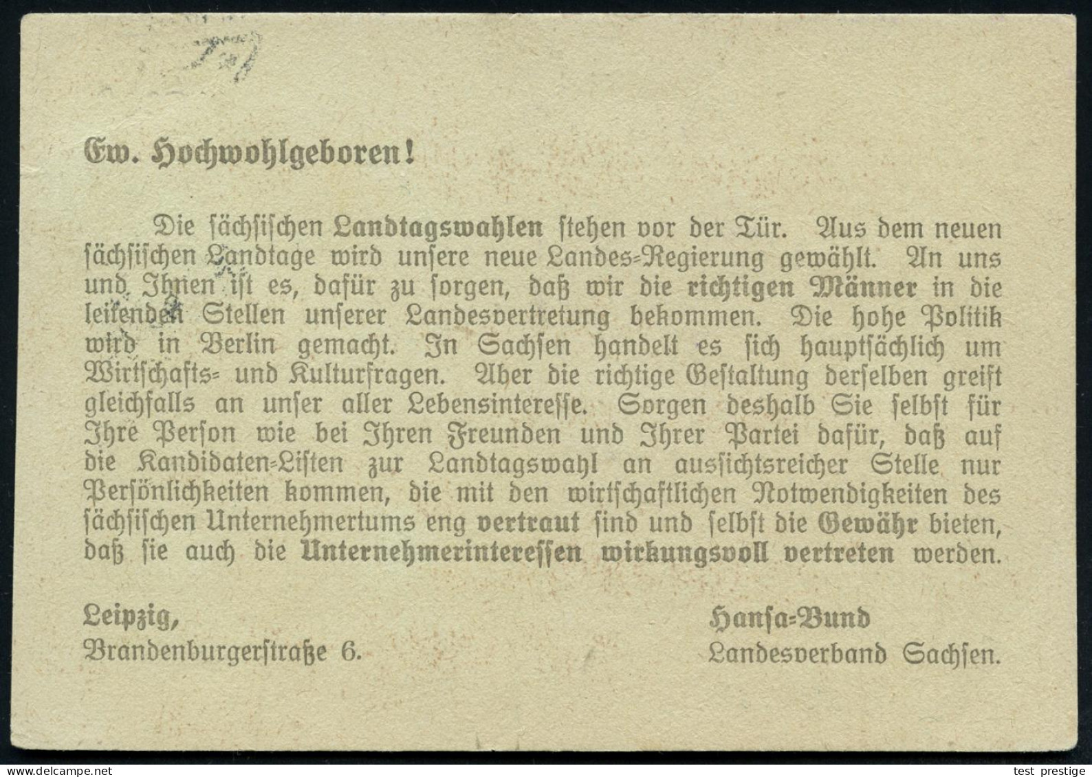 LEIPZIG/ *2h 1920 (11.10.) 1K-Brücke Auf Vordr.-Kt.: Hansa-Schutzbund Für Deutsche Unternehmer-Interessen Zur Landtagswa - Autres & Non Classés