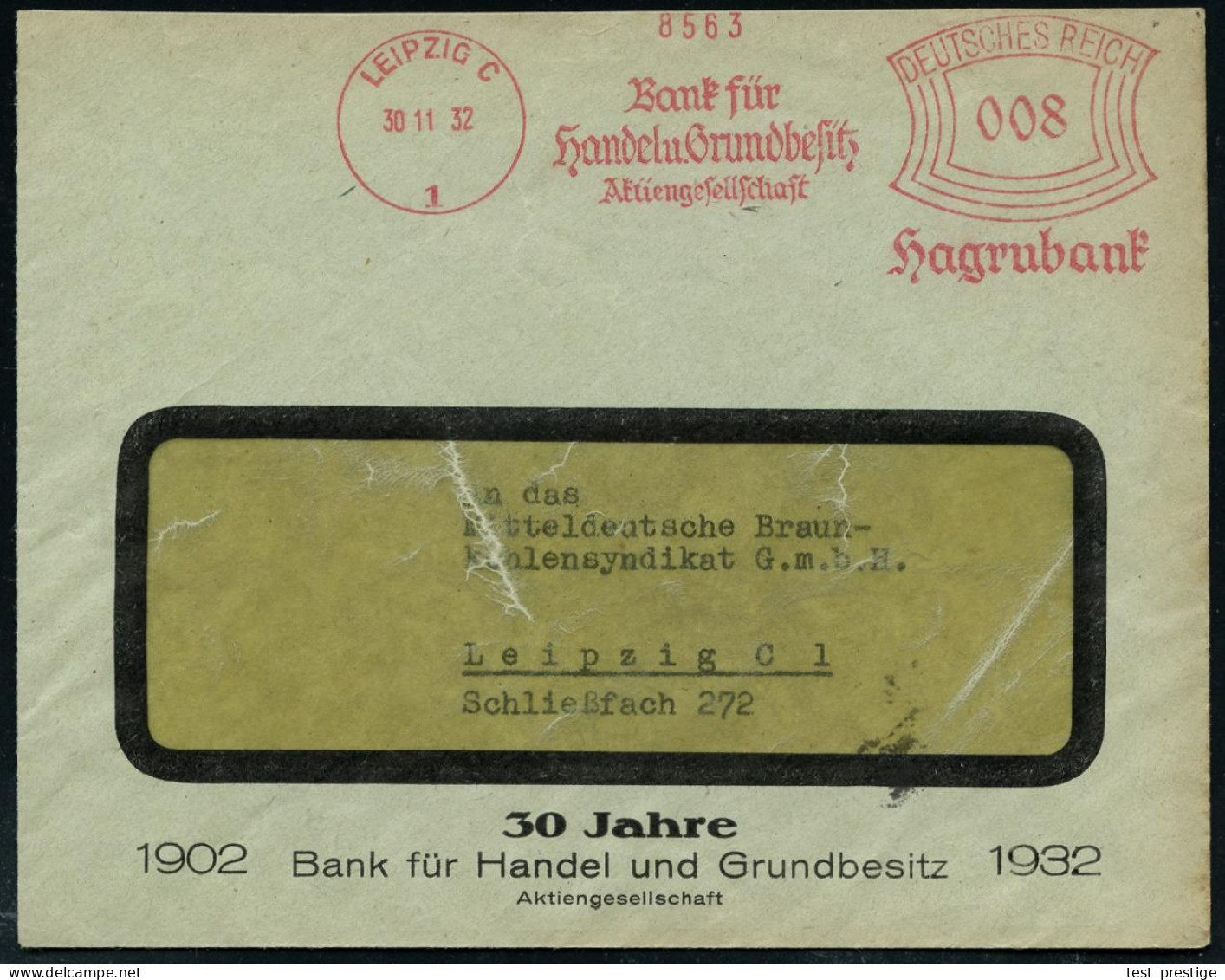 LEIPZIG C/ 1/ Bank Für/ Handel U.Grundbesitz/ AG/ Hagrubank 1932 (30.11.) AFS , Klar Gest. Jubil.-Firmen-Bf.: 30 Jahre 1 - Otros & Sin Clasificación