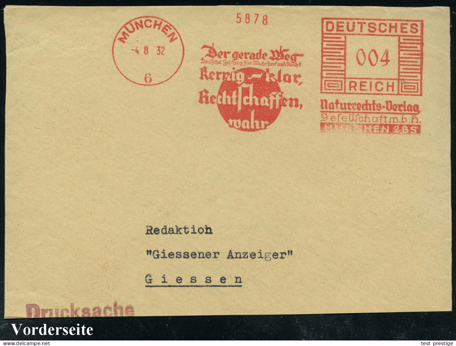 MÜNCHEN/ 6/ Der Gerade Weg/ Deutsche Zeitung Für Wahrheit U.Recht/ ..Naturrechts-Verlag 1932 (4.8.) Seltener AFS Francot - Otros & Sin Clasificación