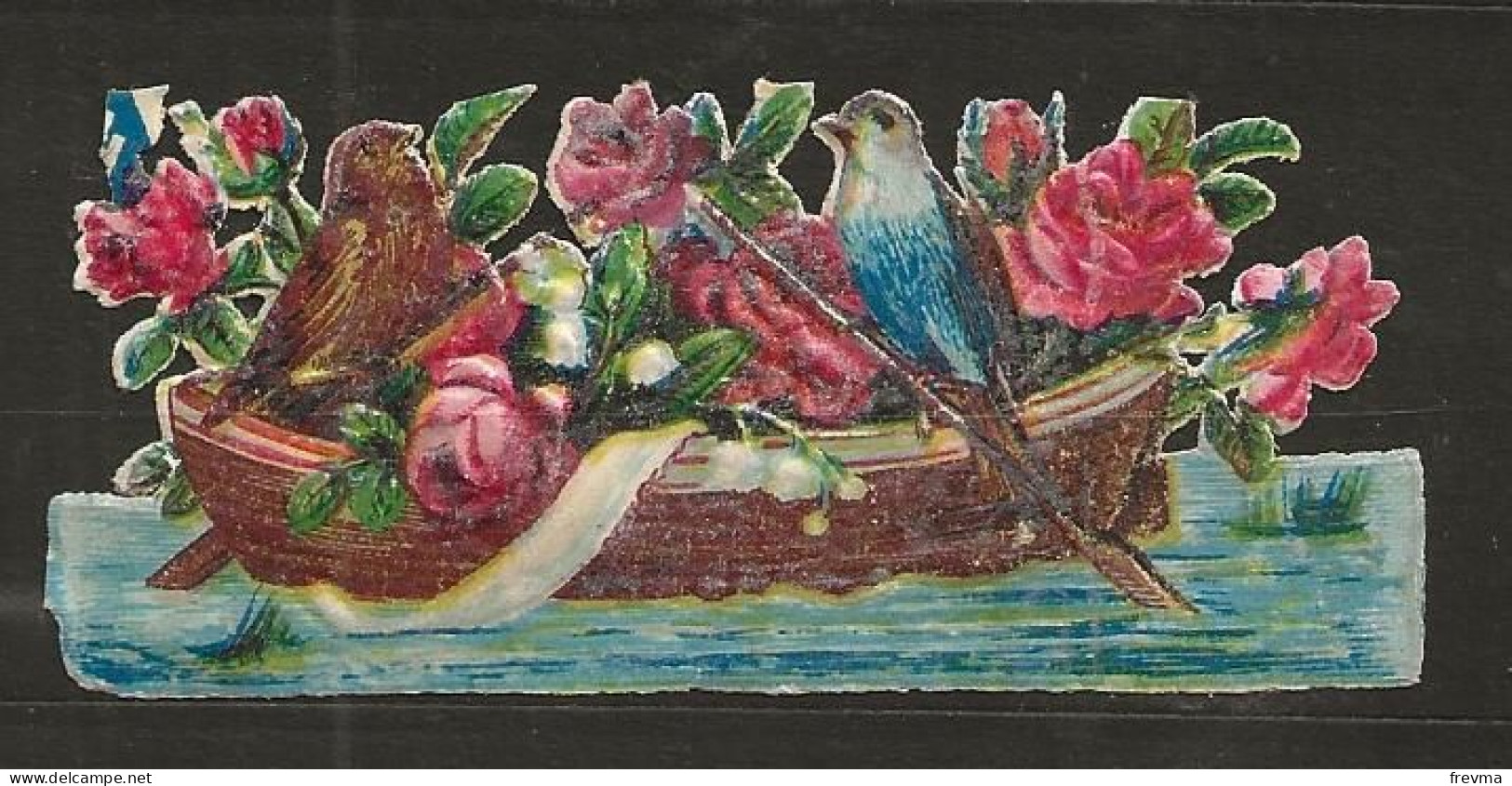 Découpis Gaufrée Fleur Oiseaux Posés Sur Une Barque Année 1900 - Flowers