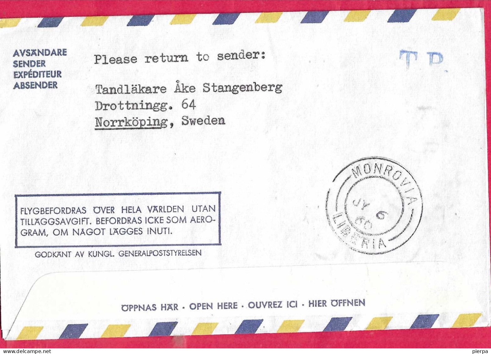 SVERIGE - FIRST FLIGHT FROM STOCKHOLM TO MONROVIA *2.7.1960* ON AEROGRAM - Brieven En Documenten