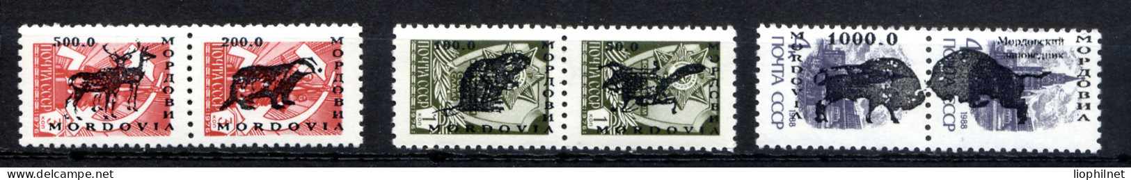 MORDOVIE MORDOVIA 1992, 3 Paires, Surcharges / Overprinted ANIMAUX Sur URSS / SU. R700 - Abarten & Kuriositäten