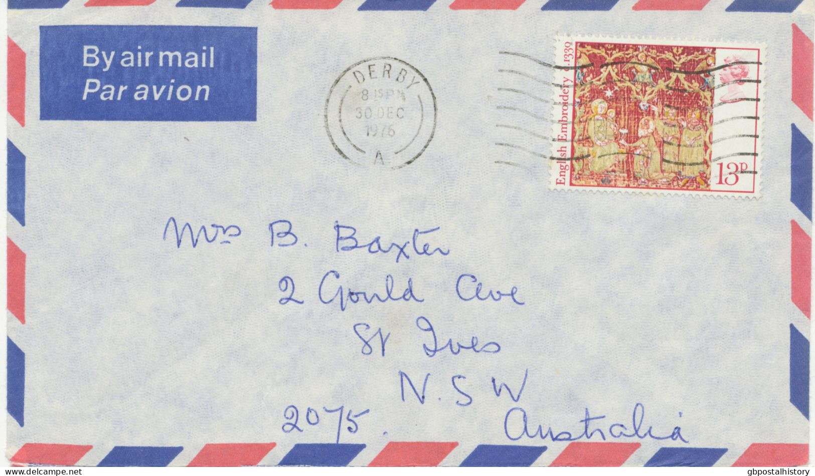 GB 30.12.1976, Christmas 13 P As Single Postage On Air Mail Cover From“DERBY“ To „ST. IVES, New South Wales, Australia“ - Brieven En Documenten
