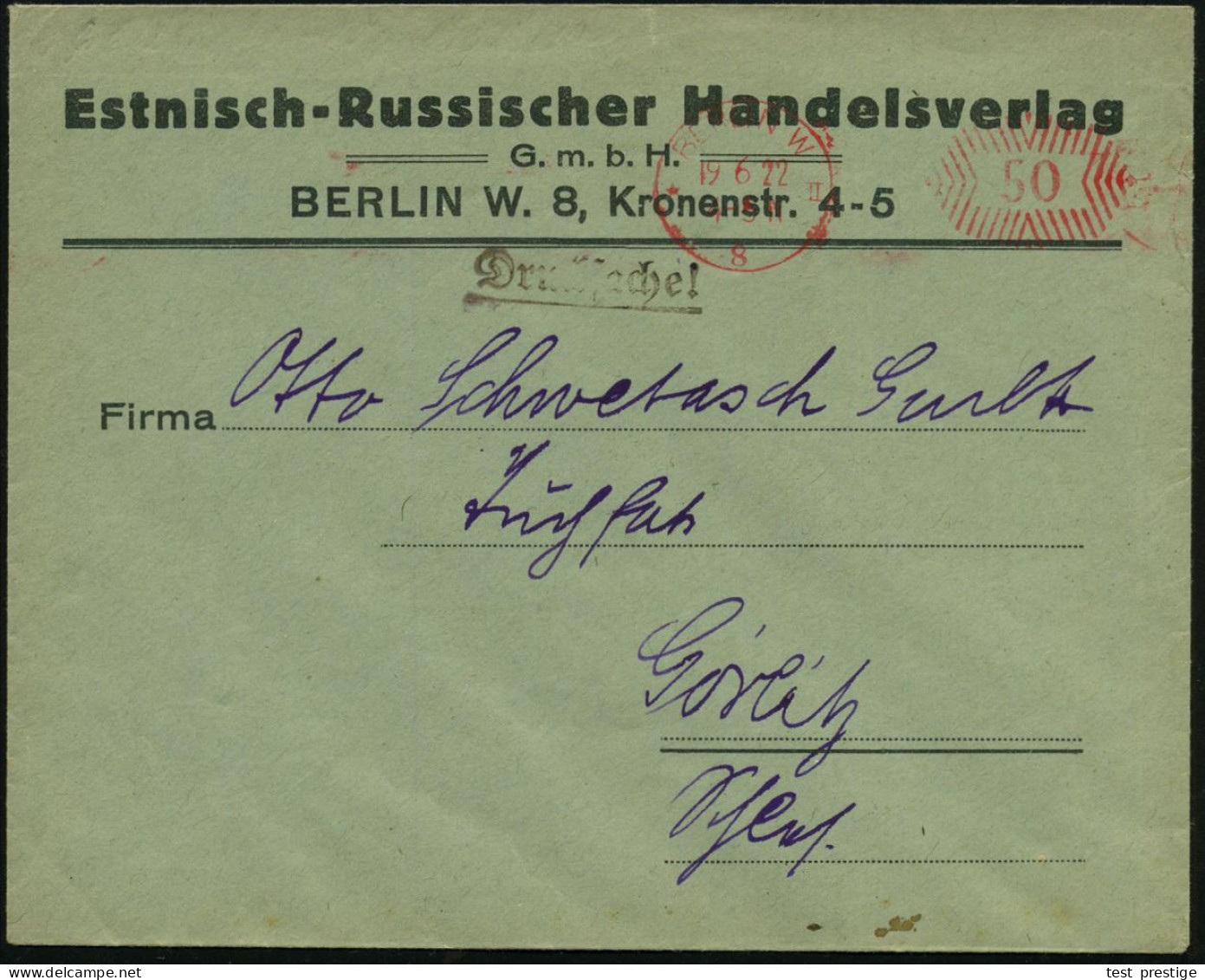 BERLIN W/ *8I 1921 (9.9.) PFS "Ziermuster" 15 Pf. Auf Firmen-Bf.: Estnisch-Russischer Handelsverlag GmbH.. Estland War A - Other & Unclassified