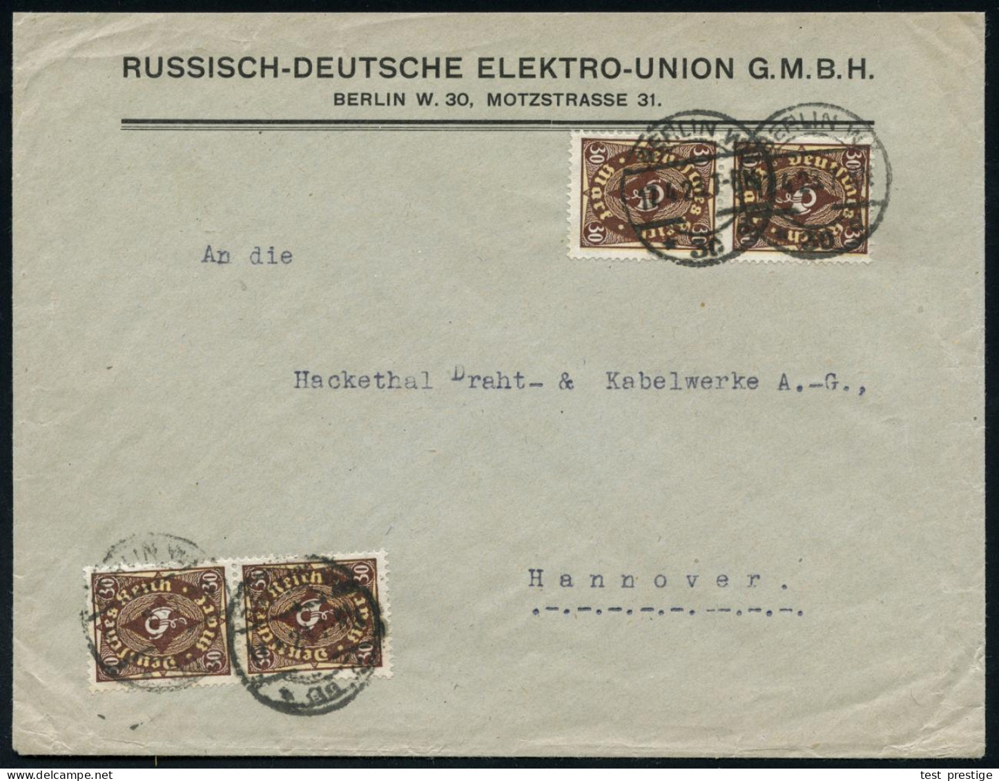 BERLIN W/ *30b 1923 (17.4.) 1K-Brücke Auf 4x 30 Mk. Posthorn, Firmen-Bf: RUSSISCH-DEUTSCHE ELEKTRO-UNION.. , Seltener In - Sonstige & Ohne Zuordnung