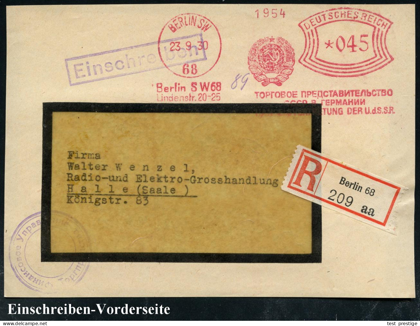 BERLIN SW/ 68/ ..HANDELSVERTRETUNG DER U.d.S.S.R. 1930 (23.9.) Seltener, Deutsch-kyrillischer AFS Francotyp + RZ: Berlin - Sonstige & Ohne Zuordnung