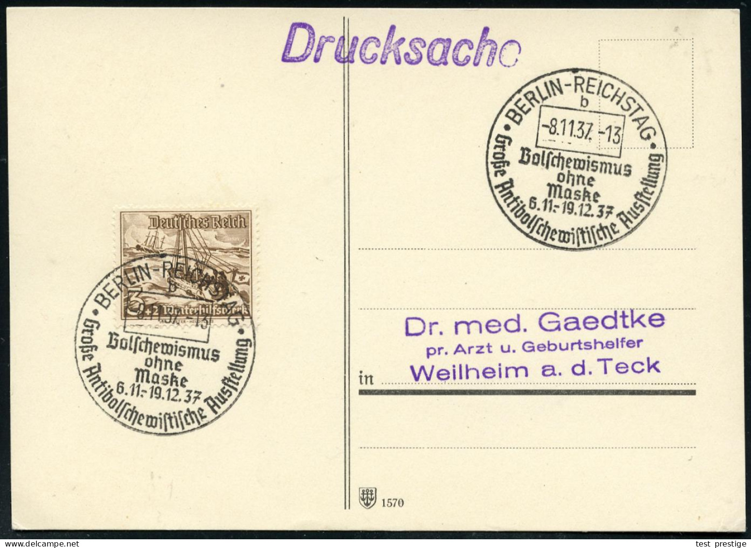 BERLIN-REICHSTAG/ B/ Bolschwismus/ Ohne/ Maske/ Gr.Antibolschewistische Ausstellung 1937 (8.11.) SSt Mit UB "b" = Hauspo - Autres & Non Classés