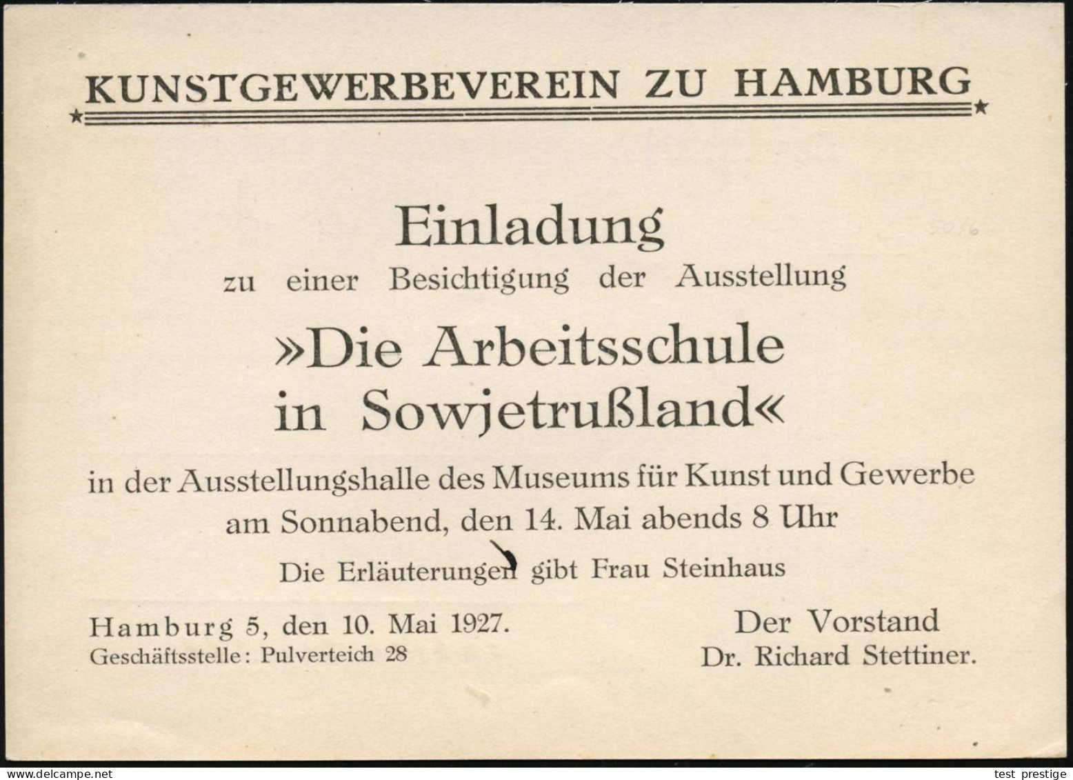 Hamburg 1927 (10.5.) 3 Pf. PFS Achteck Auf Einladungskarte : "Die Arbeitsschule In Sowjetrußland" (Museum Für .Kunst Und - Other & Unclassified