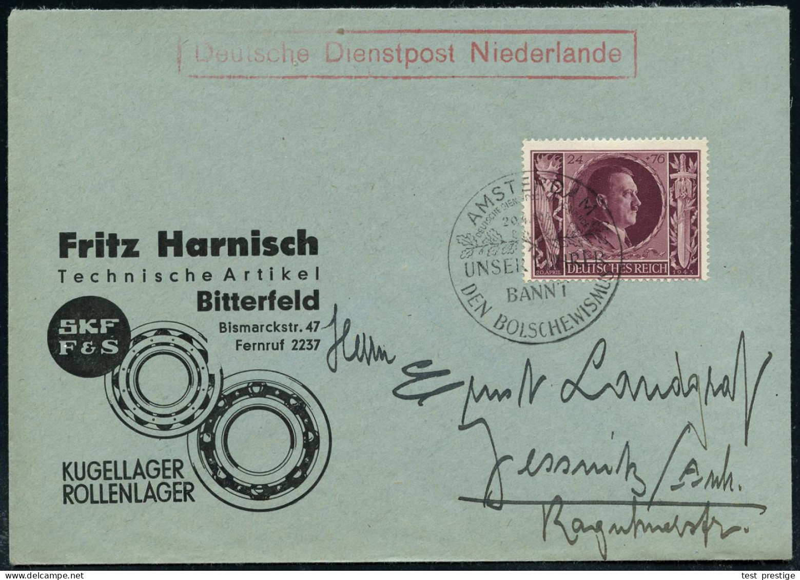 DT.BES.NIEDERLANDE 1943 (20.4.) SSt: AMSTERDAM/DEUTSCHE DIENSTPOST NIEDERLANDE/ UNSER FÜHRER/BANNT/DEN BOLSCHWISMUS (Bo. - Otros & Sin Clasificación