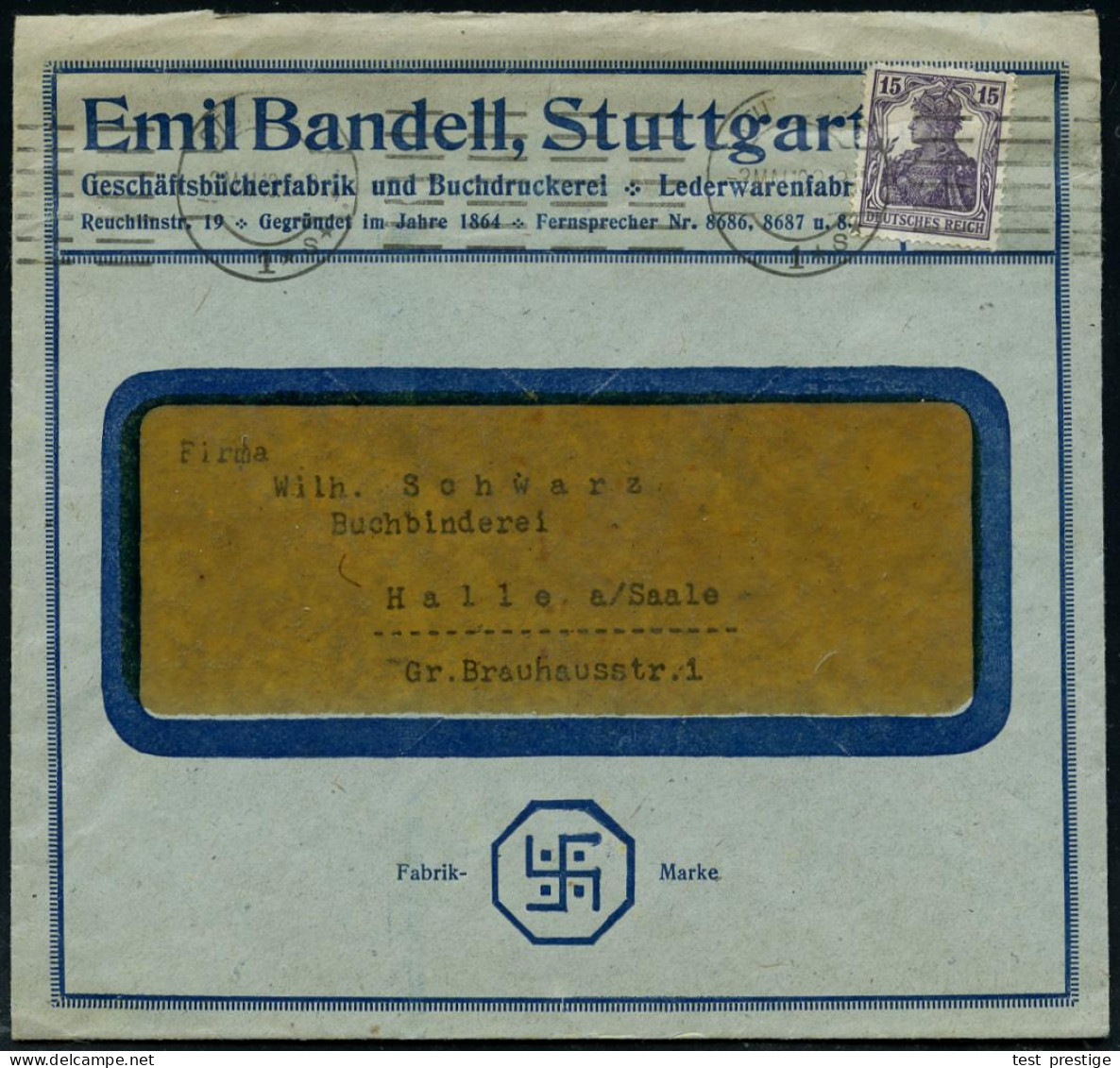 STUTTGART Nr.1/ °A* 1921 (3.5.) 1K Auf Firmen-Bf.: Emil Bandell Mit  Ha K E N K R E U Z  Als Firmenlogo! (Geschäfts-büch - Sonstige & Ohne Zuordnung