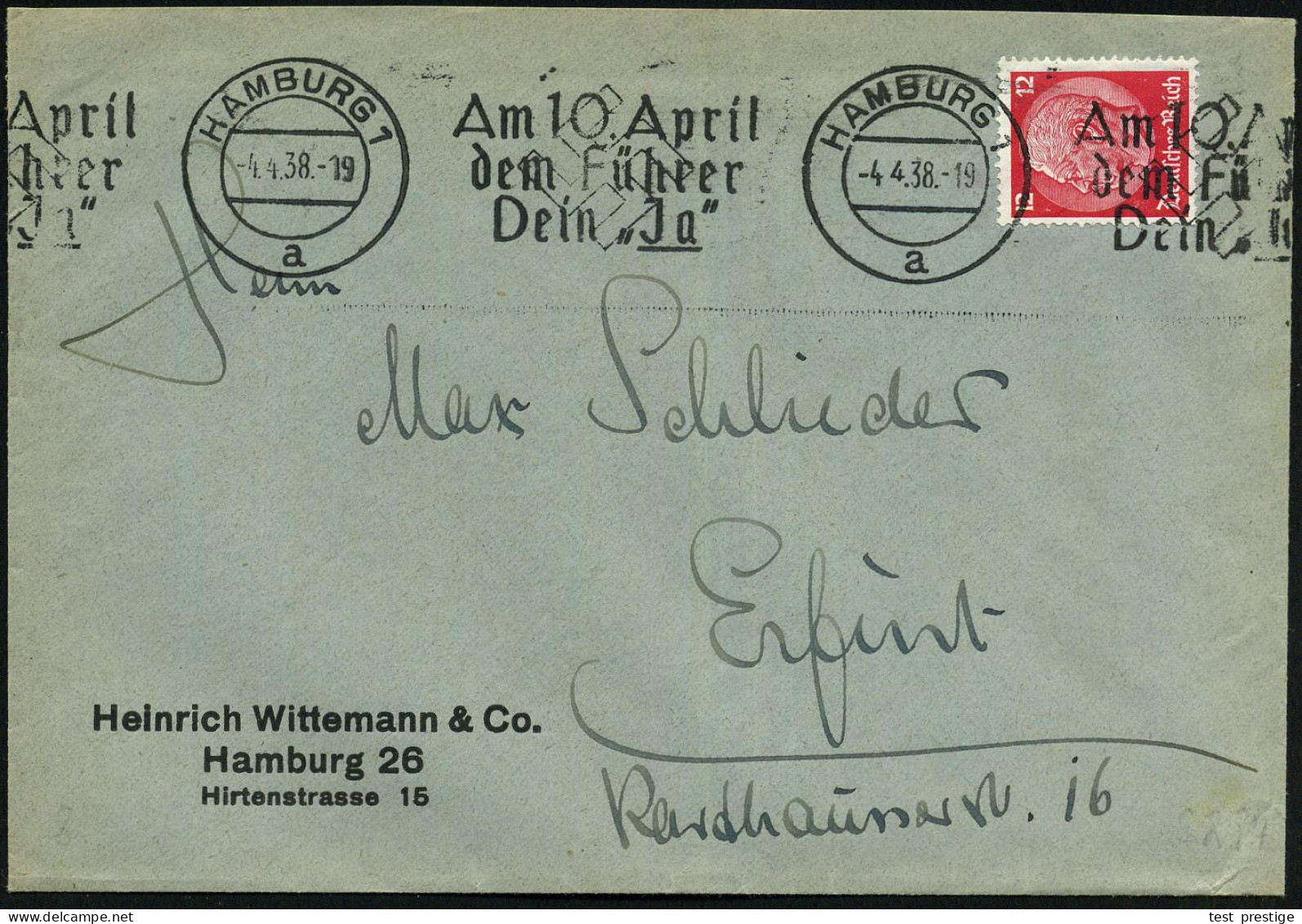 HAMBURG 1/ A/ Am 10.April/ Dem Führer/ Dein "Ja" 1938 (4.4.) Seltener Band-MWSt = Abstimmung Zu Hitlers Annexion Österre - Autres