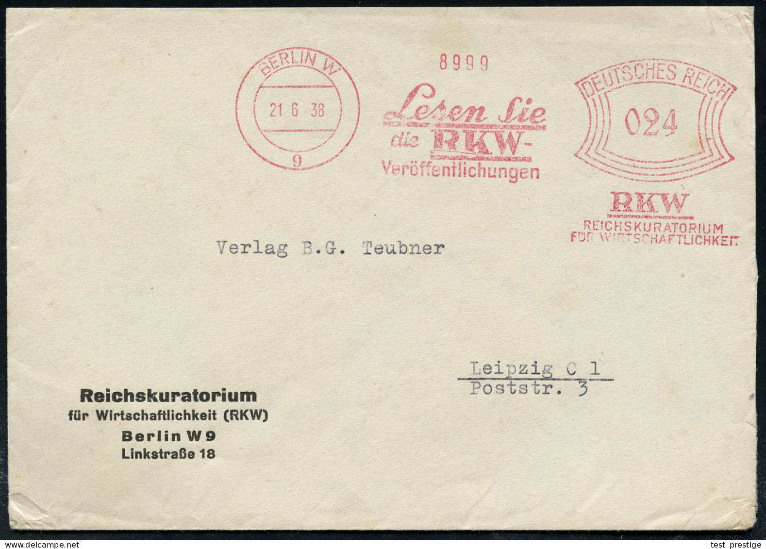 BERLIN W/ 9/ Lesen Sie/ Die RKW-/ Veröffentlichungen/ ..REICHSKURATORIUM/ FÜR WIRTSCHAFTLICHKEIT 1938 (21.6.) Seltener A - Autres & Non Classés