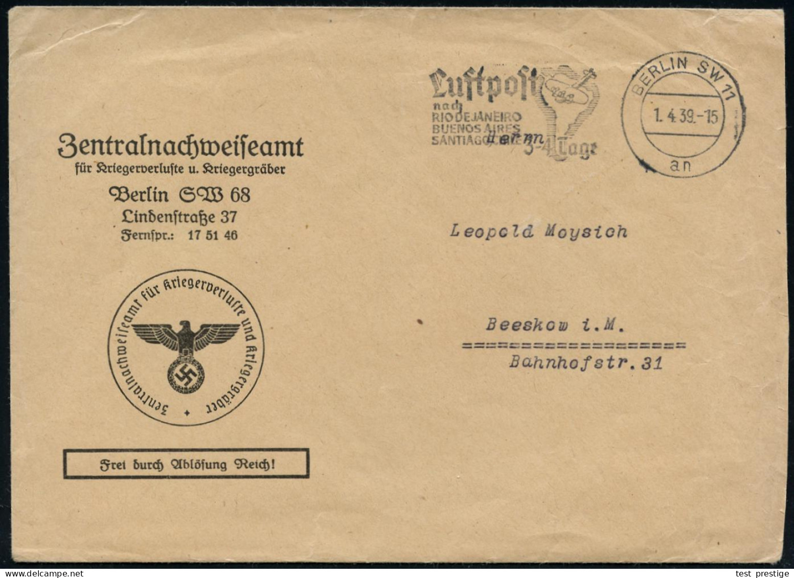 Berlin SW 68 1939 (1.4.) Dienst-Bf.: Zentralnachweiseamt Für Kriegerverluste U. Kriegergräber../FdAR (NS-Adler) Fern-Die - Other & Unclassified