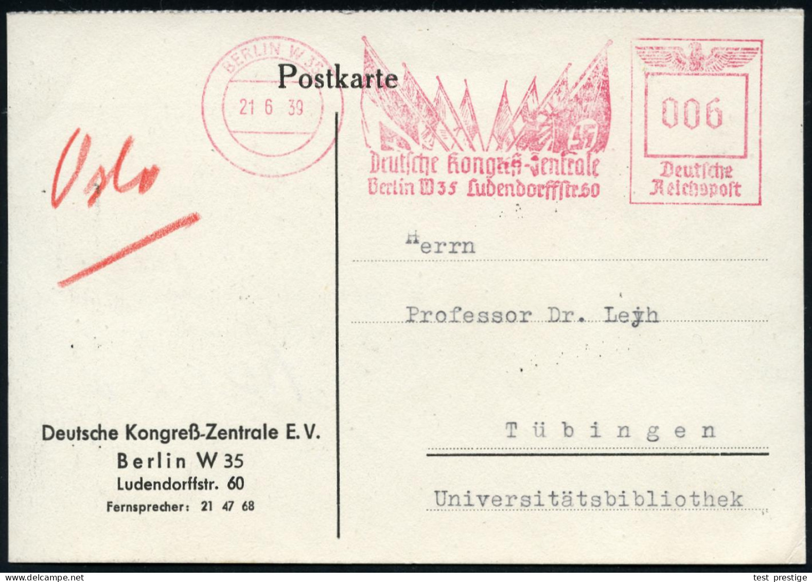 BERLIN W 35/ Deutsche Kongreß-Zentrale.. 1939 (21.6.) Seltener AFS Francotyp = 7 Internat. Flaggen U. 1x Hakenkreuz-Flag - Sonstige & Ohne Zuordnung