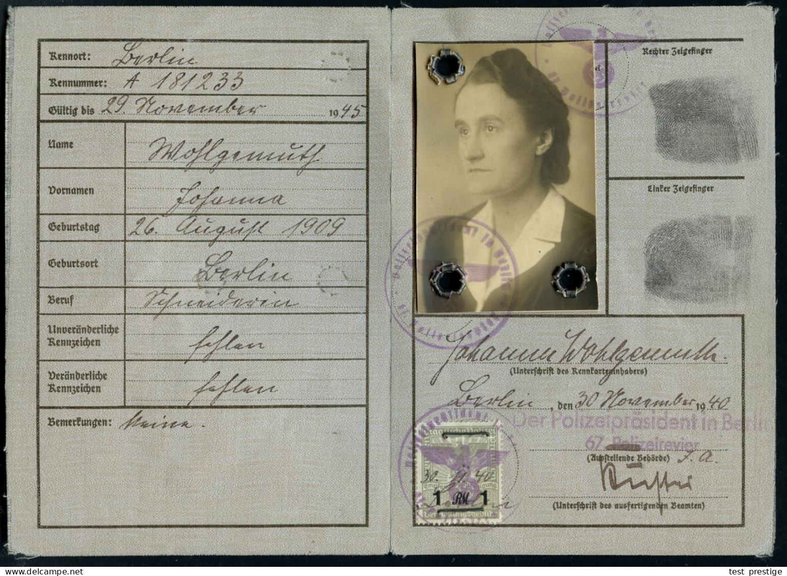 Berlin 1940 (30.11.) Orig. Kennkarte: Personalausweis Einer Frau Mit Lichtbild U. 2 Fingerabdrucke, Am 24.8.1945 Verläng - Other & Unclassified