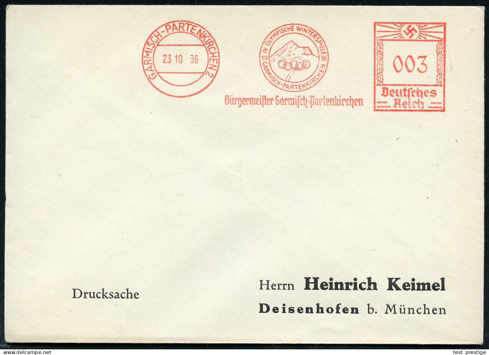 GARMISCH-PARTENKIRCHEN/ IV.OLMPISCHE WINTERSPIELE/ 1936../ Bürgermeister.. 1936 (23.10.) Seltener AFS "Hakenkreuz" Mit O - Otros & Sin Clasificación