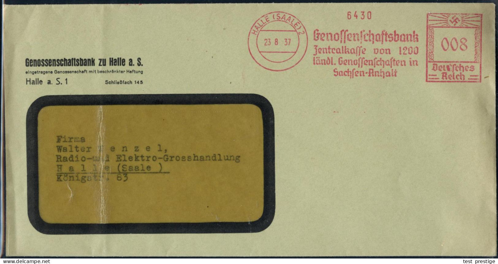 HALLE (SAALE)2/ Genossenschaftsbank/ Zentralkasse V.1200/ Ländl.Genossenschaften In/ Sachsen-Anhalt 1938 (23.8.) AFS Fra - Autres & Non Classés