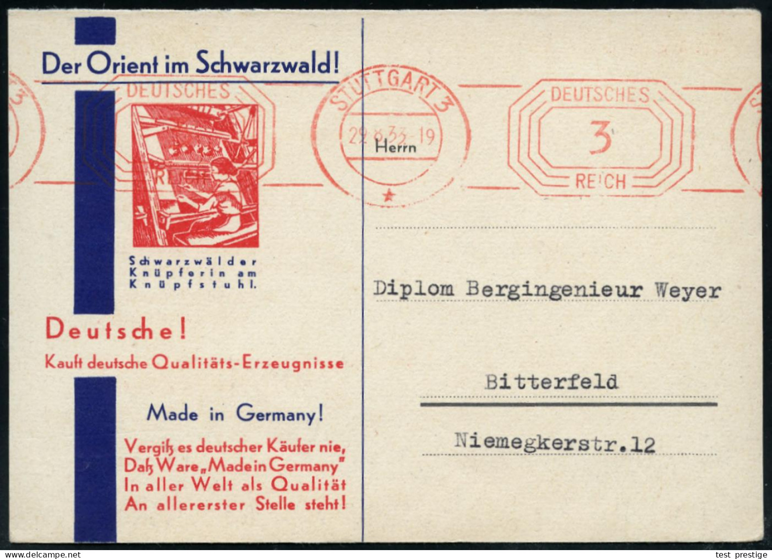 STUTTGART 3/ * 1933 (29.8.) PFS 3 Pf. A.Reklame-Kt: Der Orient Im Schwarzwald! Deutsche!.. Kauft Dt.Qualitäts-Erzeugniss - Other & Unclassified