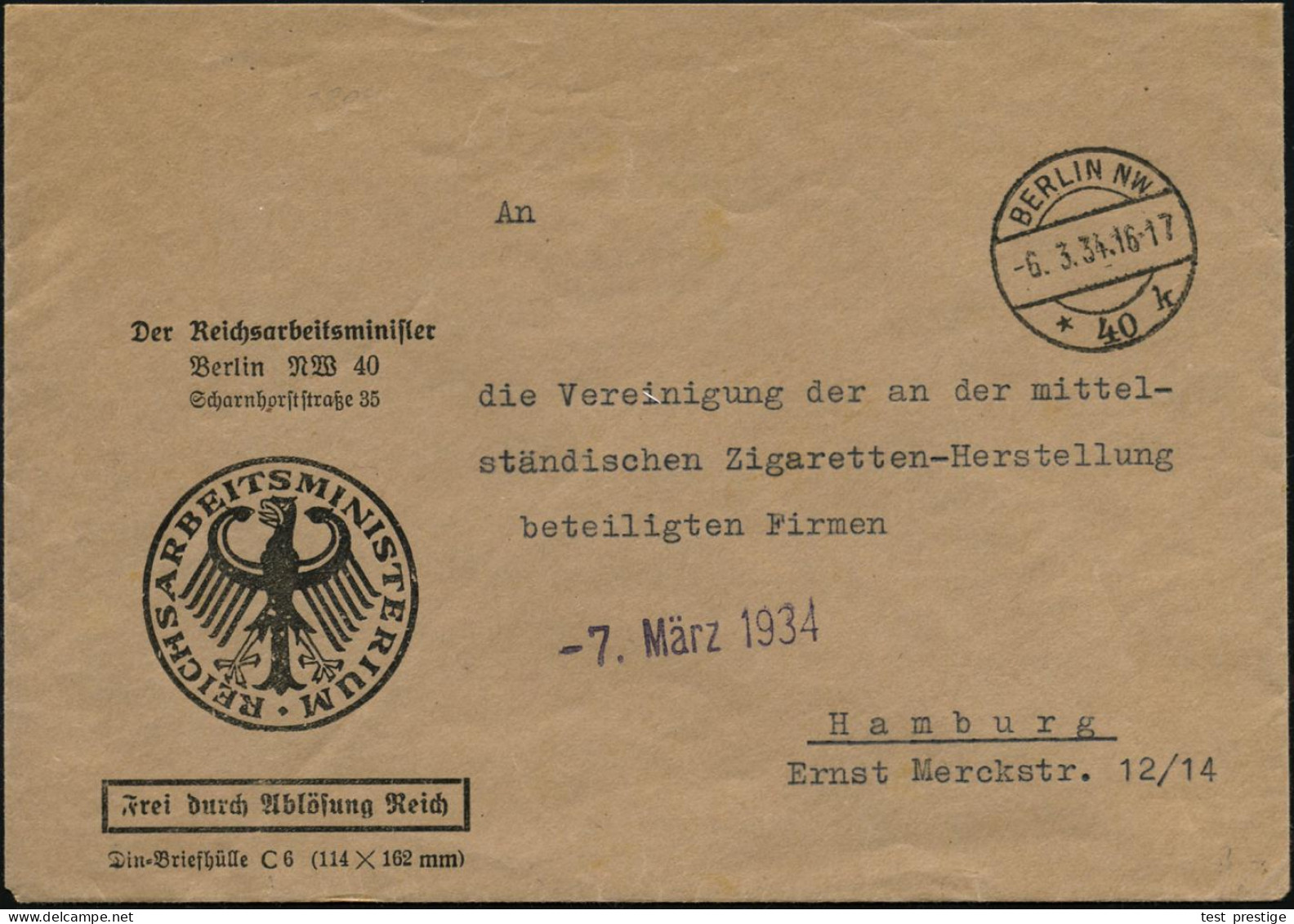 BERLIN NW/ *40k 1934 (6.3.) 1K-Brücke Auf Dienst-Bf.: Der Reichsarbeitsminister/..FdAR (noch Alter Weimarer Adler!) Fern - Autres & Non Classés