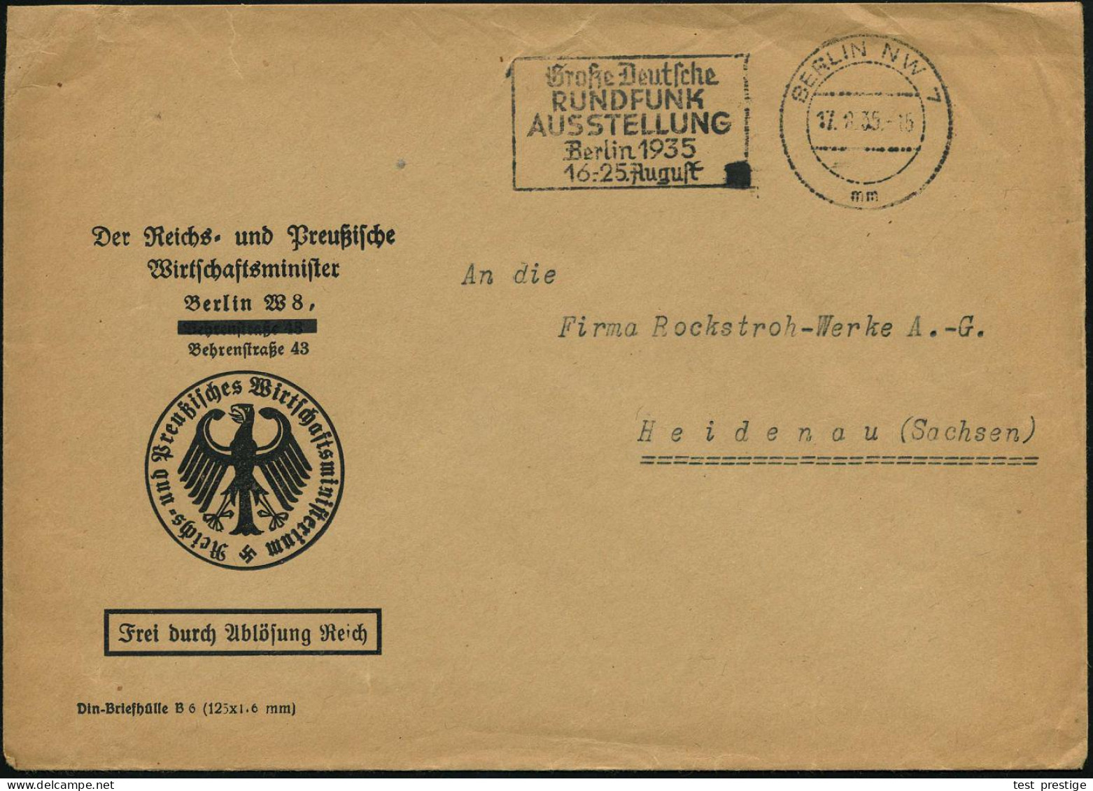 BERLIN NW7/ Mm/ Gr.Deutsche/ RUNDFUNK/ AUSSTELLUNG 1935 (17.8.) MWSt Auf Geschwärztem Dienst-Bf.: Reichs- U. Preuß. Wirt - Otros & Sin Clasificación