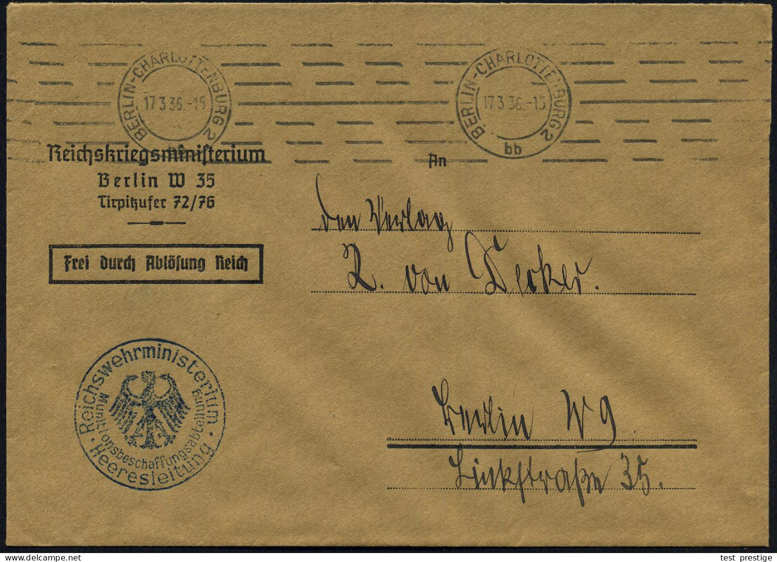 BERLIN-CHARLOTTENBURG 2/ Bb 1935 (17.3.) Band-MaSt. + Blauer 1K-HdN: Reichswehrministerium/ Munitions-beschaffungsabteil - Other & Unclassified