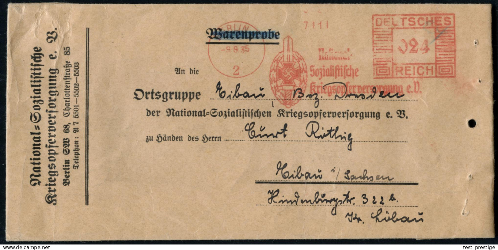 BERLIN C/ 2/ National-/ Sozialistische/ Kriegsopferversorgung E.V. 1935 (9.9.) AFS 024 Pf. = NSKOV-Emblem Mit Hakenkreuz - Other & Unclassified