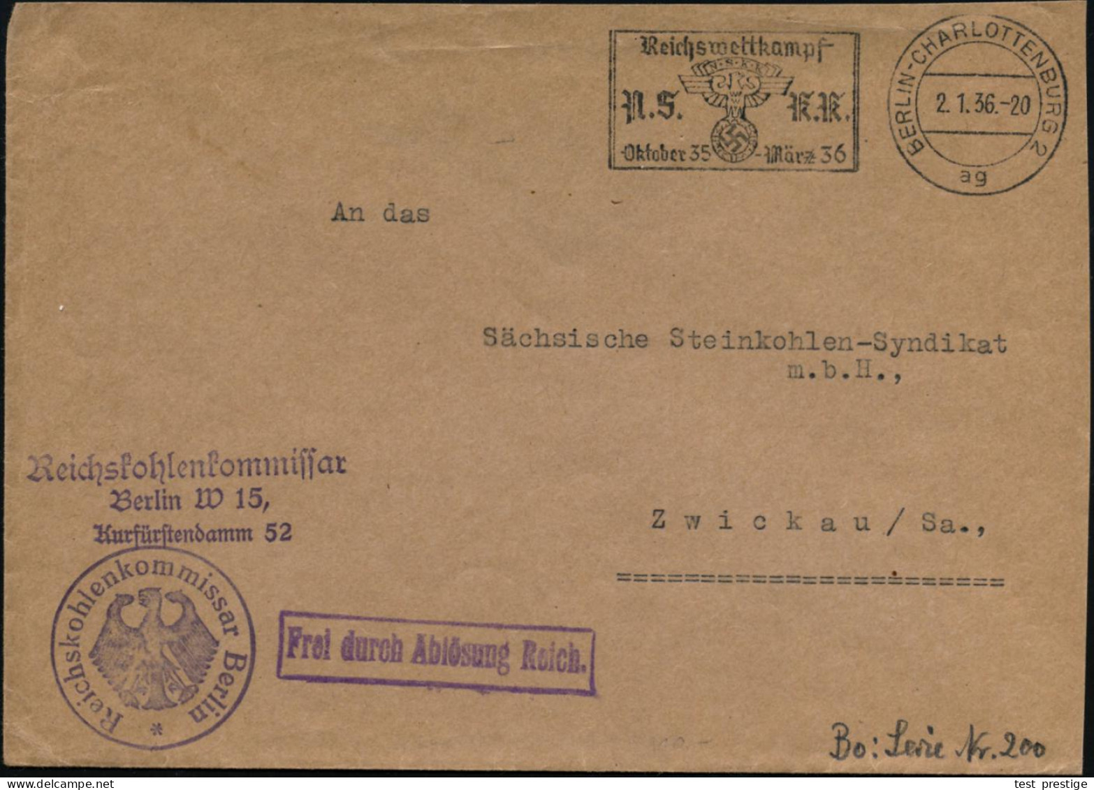 BERLIN-CHARLOTTENBG.2/ Ag/ Reichswettkampf/ N.S.K.K. 1936 (2.1.) MWSt + Viol. Ra.: FdAR + HdN: Reichskohlen-kommissar Be - Other & Unclassified