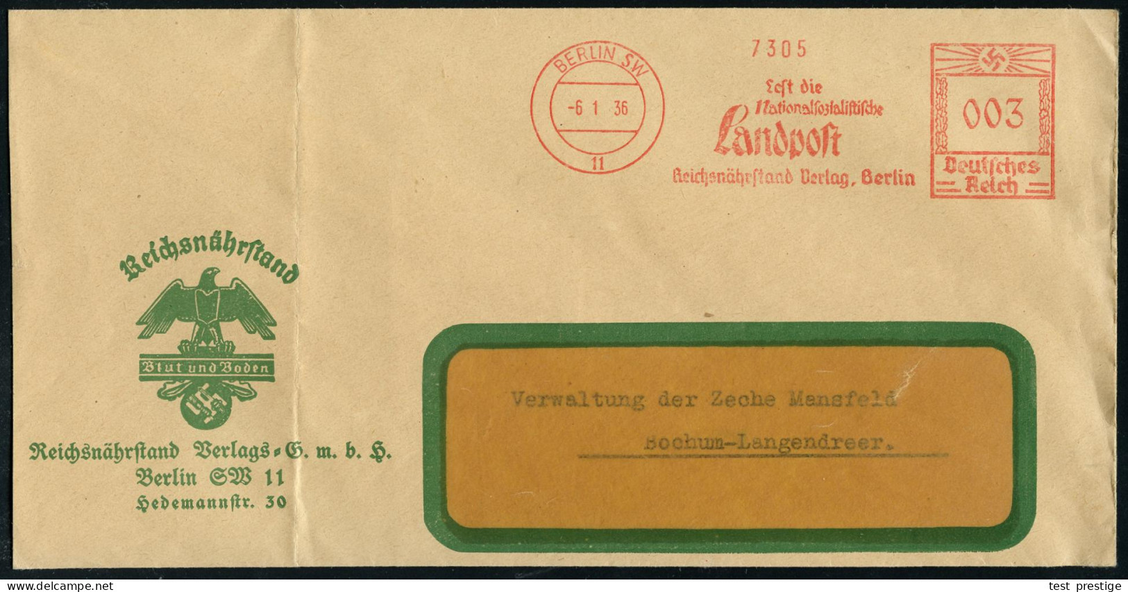 BERLIN SW/ 11/ Lest Die/ Nationalsoz./ Landpost/ Reichsnährstand Verlag 1936 (6.1.) AFS Francotyp Aof Dienst-Bf.: Reichs - Sonstige & Ohne Zuordnung