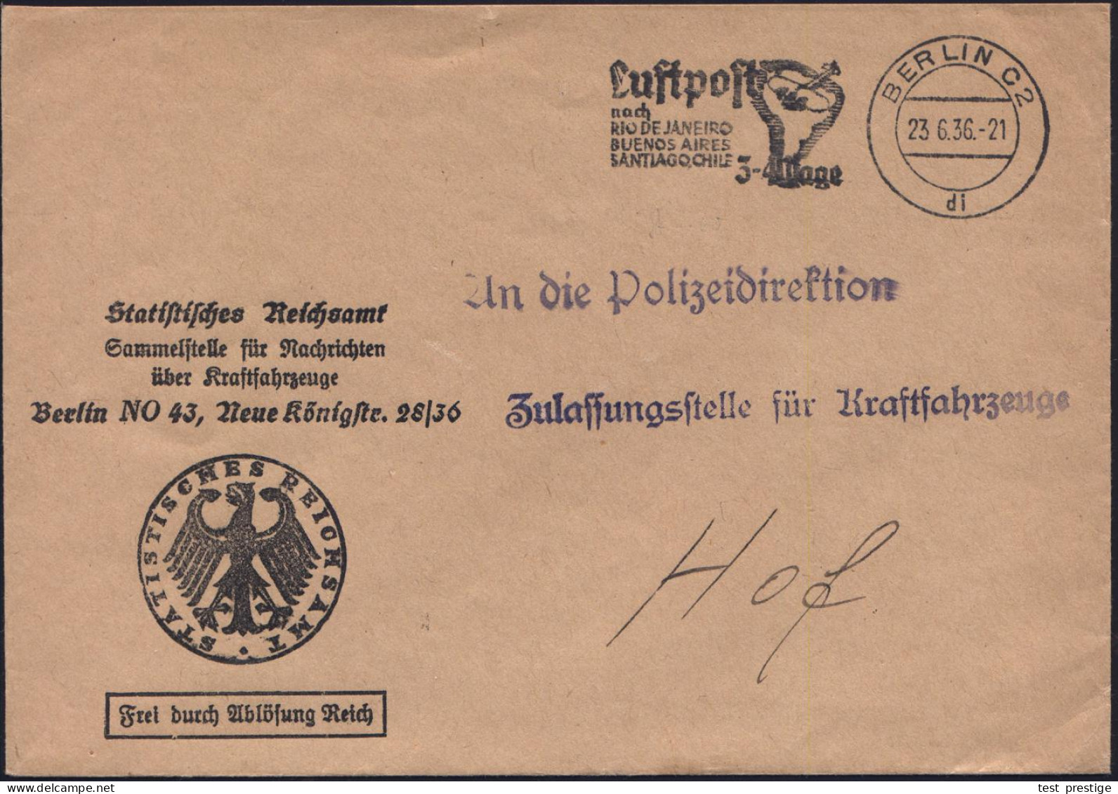 BERLIN C2/ Di/ Luftpost/ Nach/ RIO DE JANEIRO../ 3-4 Tage 1936 (23.6.) MWSt Auf Dienst-Bf.: Statist.Reichsamt / Sammelst - Other & Unclassified