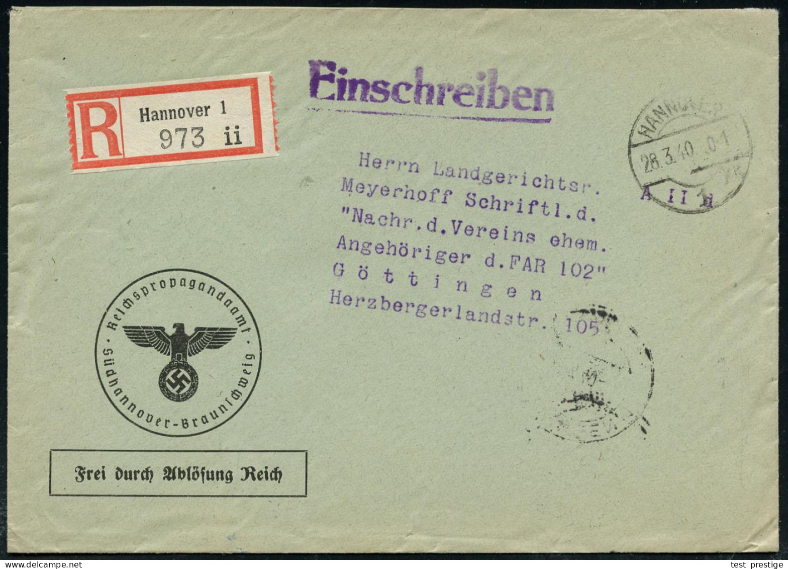 HANNOVER  1/ SI 1940 (28.3.) 1K-Brücke + Selbstbucher-RZ: Hannover 1/i I, Dienst-R-Bf.: FdAR/ Reichspropaganda-amt/ Südh - Other & Unclassified