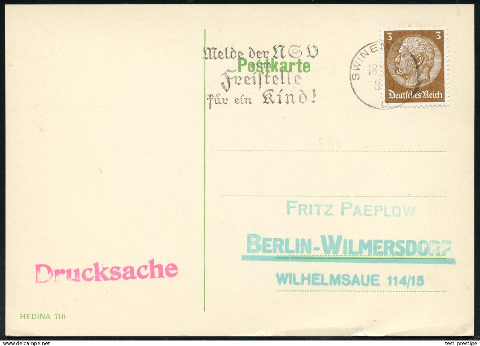 SWINEMÜNDE/ O/ Melde Der NSV/ Eine/ Freistelle/ Für Ein Kind! 1935 (18.6.) Seltener MWSt Auf Inl.-Karte N.S.V. = Nat.-So - Other & Unclassified