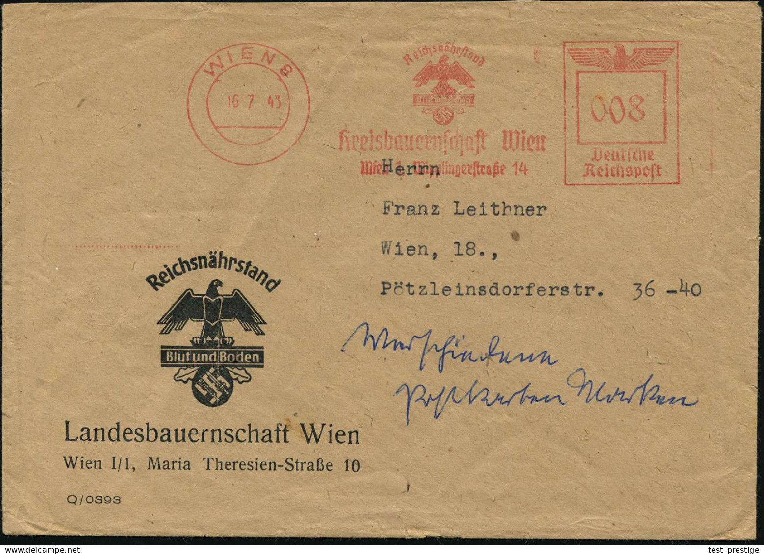 WIEN 8/ Reichsnährstand/ Blut U.Boden/ Kreisbauernschaft Wien.. 1943 (16.7.) AFS Francotyp = NS-"Blut- U. Boden"-Logo ,  - Andere & Zonder Classificatie