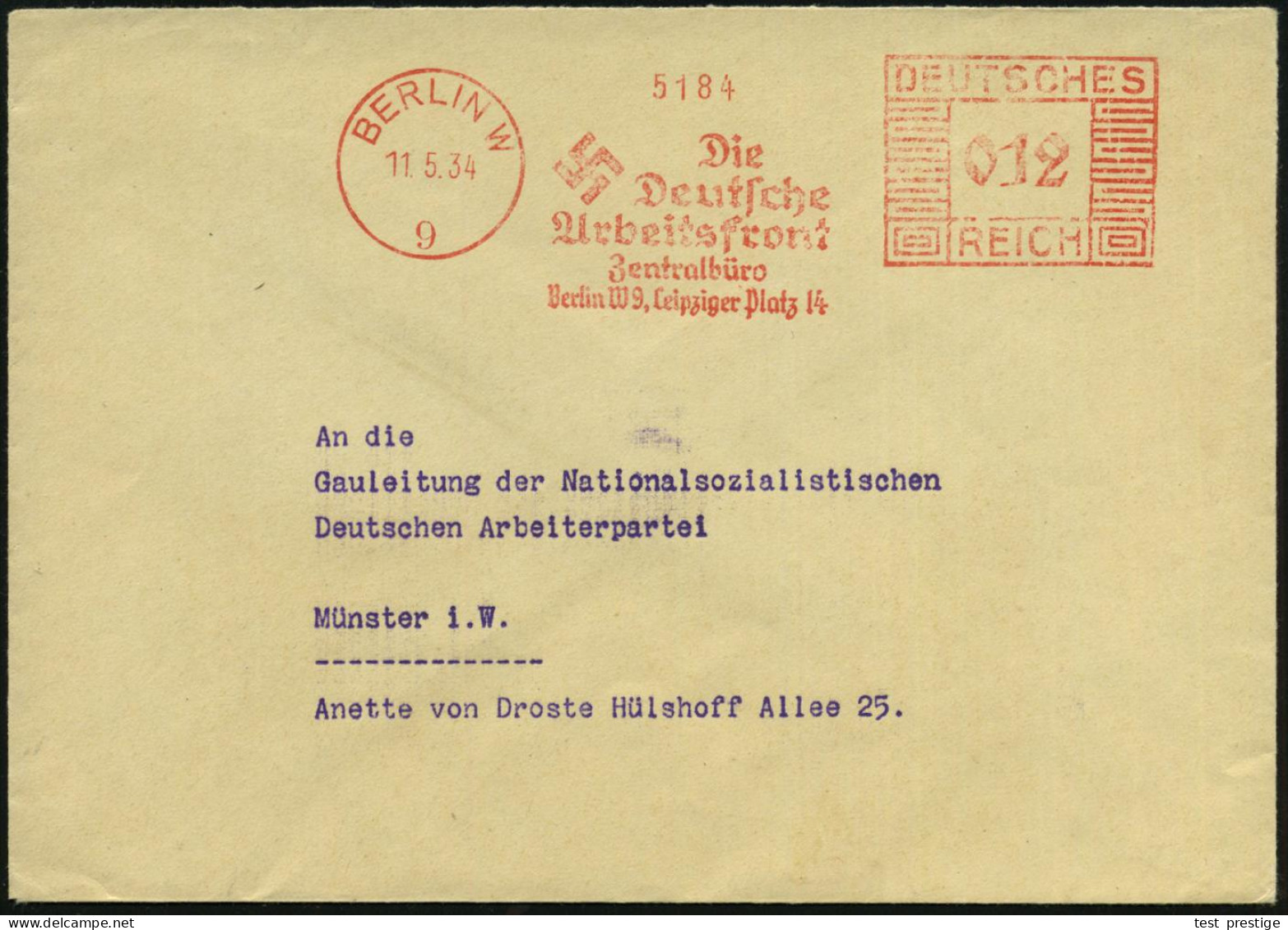 BERLIN W/ 9/ Die/ Deutsche/ Arbeitsfront/ Zentralbüro/ Berlin W9 1934 (11.5.) Seltene AFS Francotyp , Zentralbüro = Leit - Sonstige & Ohne Zuordnung