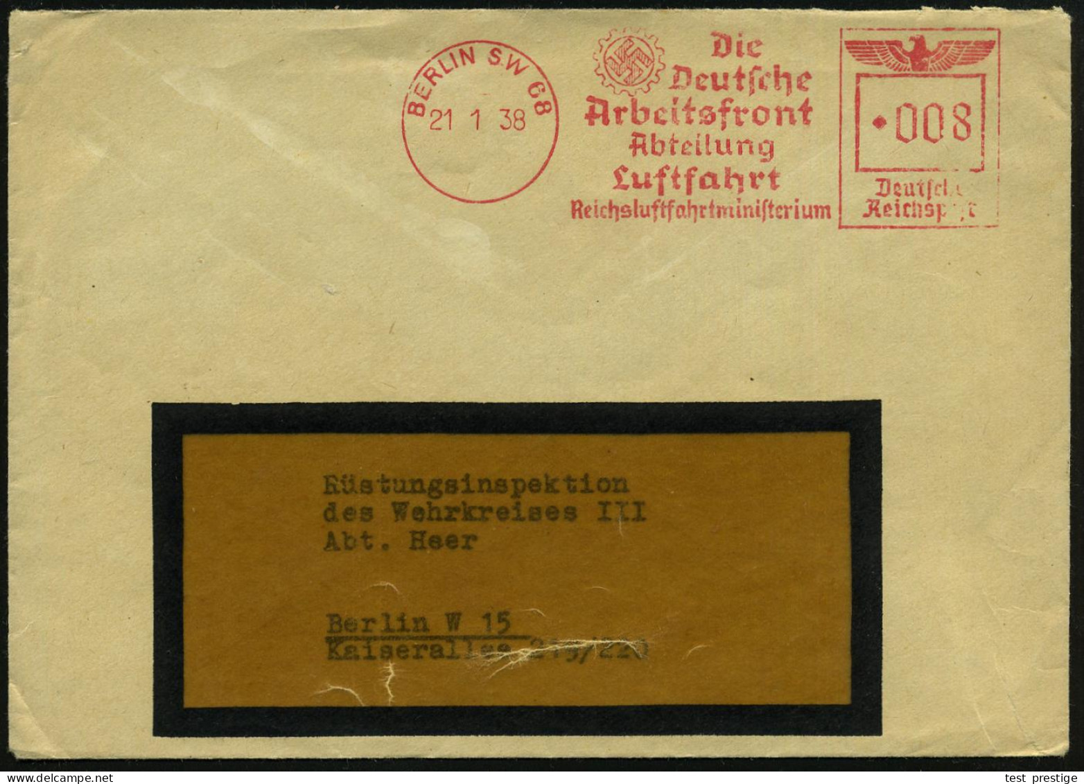 BERLIN SW 68/ Die/ Deutsche/ Arbeitsfront/ Abteilung/ Luftfahrt/ Reichsluftfahrtministerium 1938 (21.1.) Seltener AFS Fr - Sonstige & Ohne Zuordnung