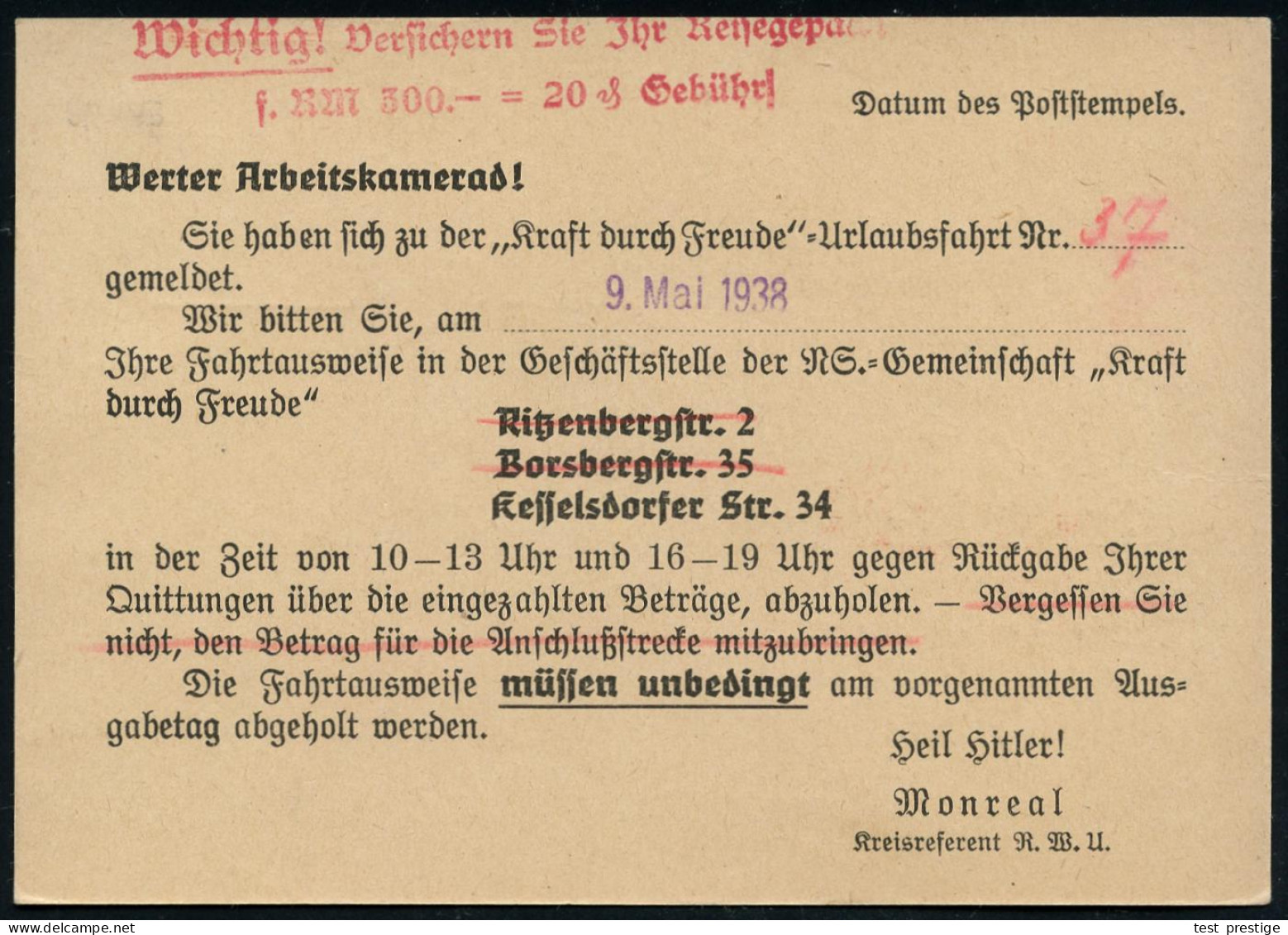 DRESDEN A1/ Die/ Deutsche/ Arbeitsfront/ Kreiswaltung Dresden.. 1938 (6.5.) AFS Francotyp (DAF-Logo: Hakenkreuz) Auf Die - Sonstige & Ohne Zuordnung