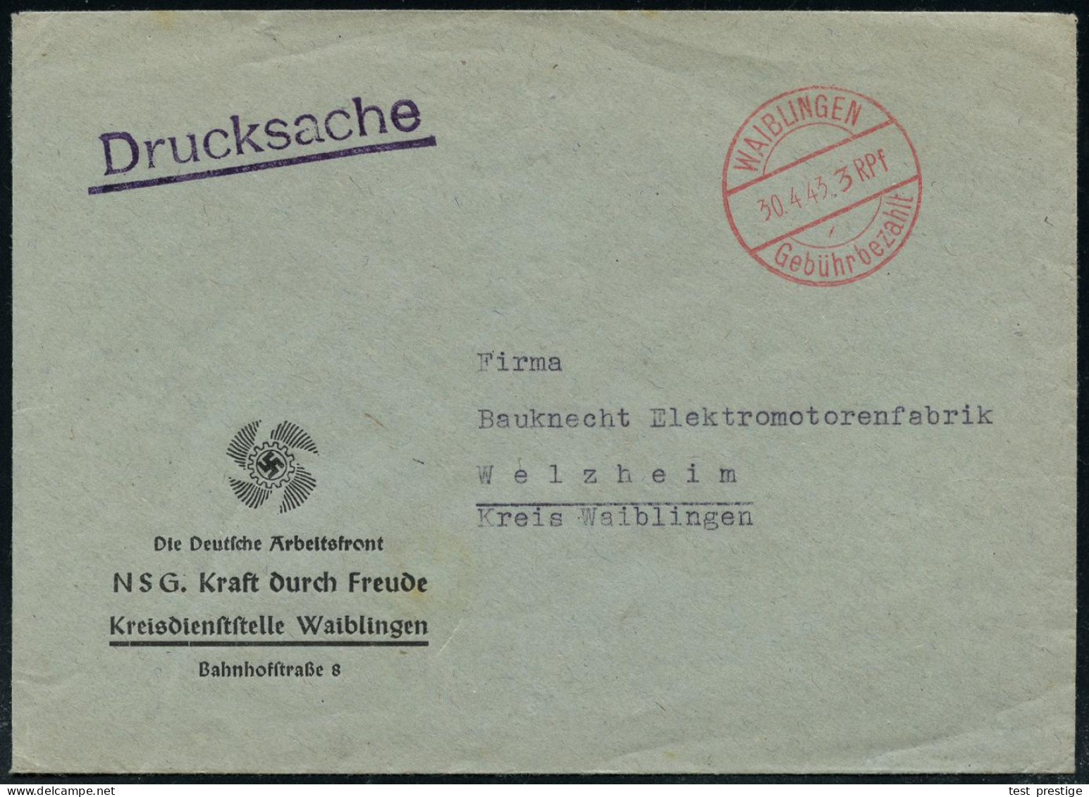 WAIBLINGEN/ 3 Rpf/ Gebühr Bezahlt 1943 (30.12.) 1K-Brücken-PFS Mit Wertangabe Klar Auf Dekorativem Dienst-Bf.: Die Deuts - Other & Unclassified