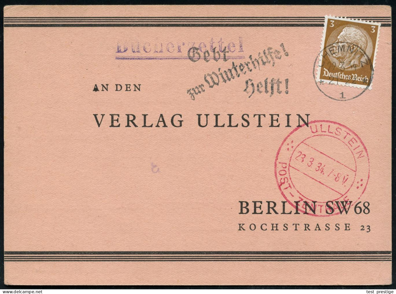 CHEMNITZ/ *1*/ Gebt/ Zur Winterhilfe!/ Helft! 1934 (22.3.) MWSt Klar Auf Firmenkt.: ULLSTEIN-VERLAG Mit Roter 2K-Steg: U - Other & Unclassified