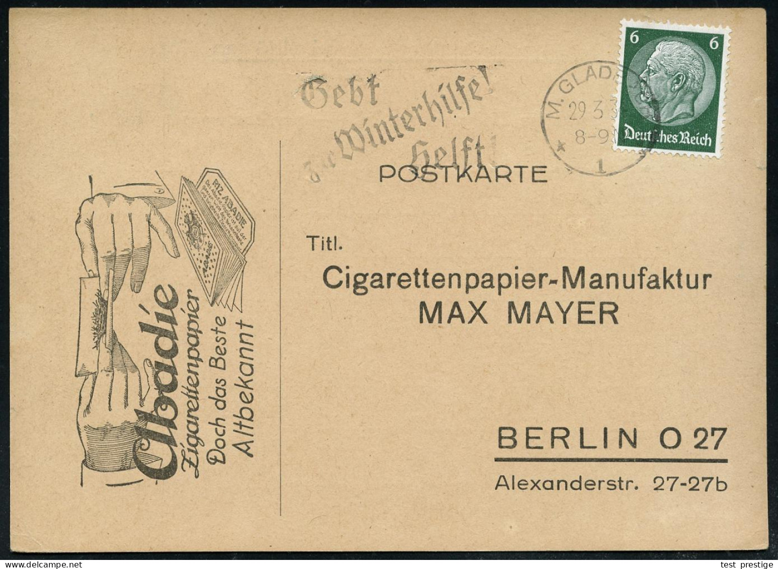 M.GLADBACH/ *1o/ Gebt/ Zur Winterhilfe!/ Helft! 1934 (29.3.) MWSt Auf Zigarettenpapier-Reklame-Kt. (Bo.S 144 A) - WINTER - Autres & Non Classés