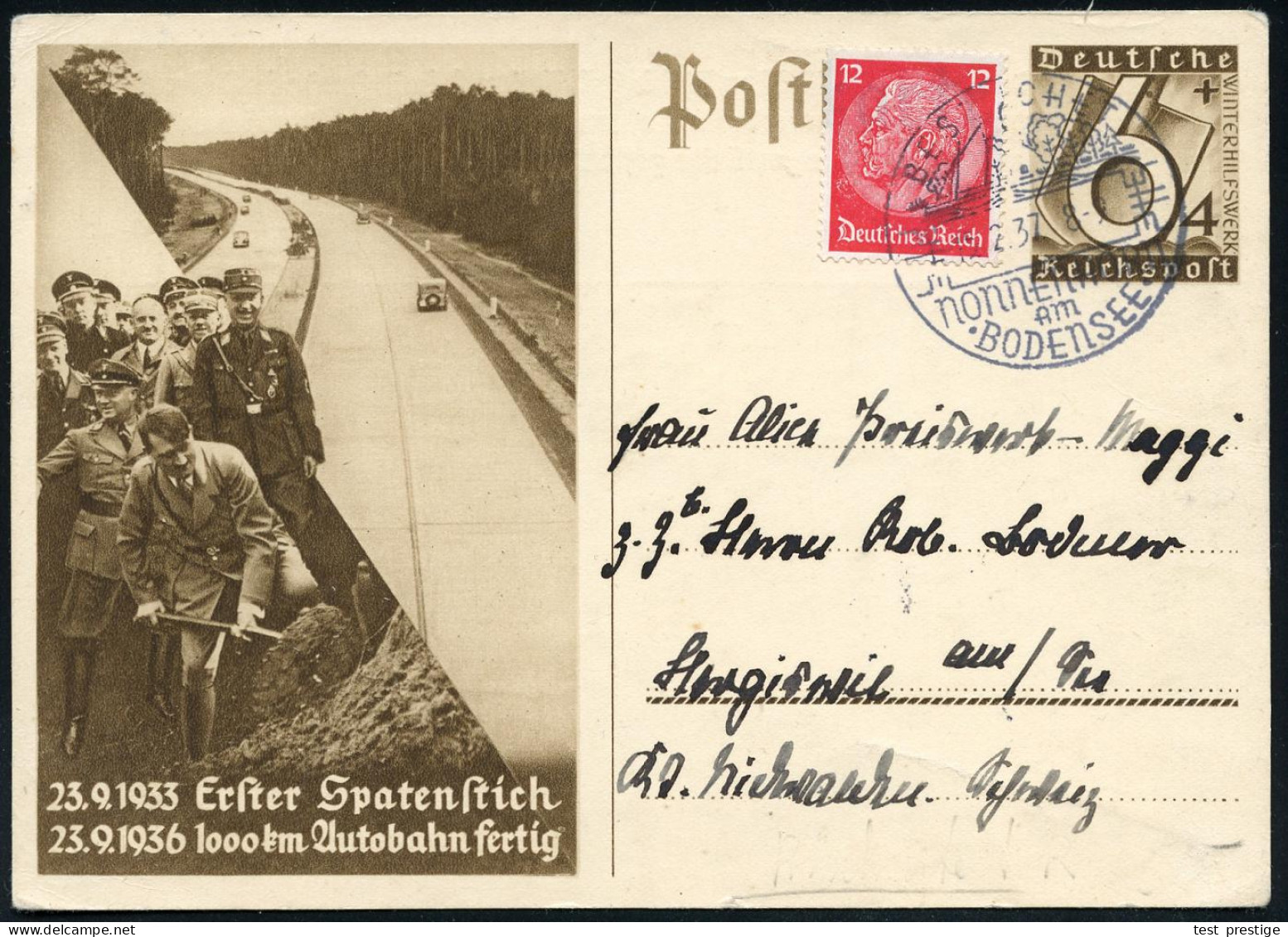NONNENHORN/ Am/ BODENSEE.. 1937 (15.2.) HWSt Auf Sonder-P. 6 + 4 Pf. WHW: Hitlers 1. Spatenstich Reichsautobahn + Rs. Am - Autres & Non Classés