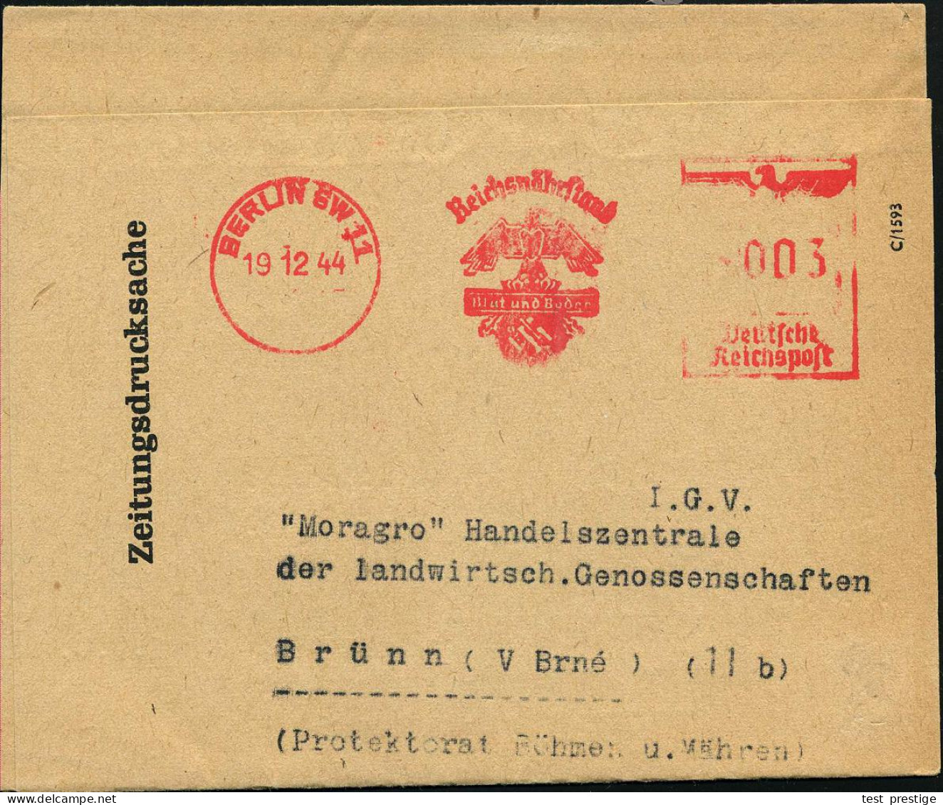 BERLIN SW11/ Reichsnährstand/ Blut U.Boden 1944 (19.12.) Später AFS Francotyp 003 Pf. (Hakenkreuz-Logo) Kriegsbedingt Et - Sonstige & Ohne Zuordnung
