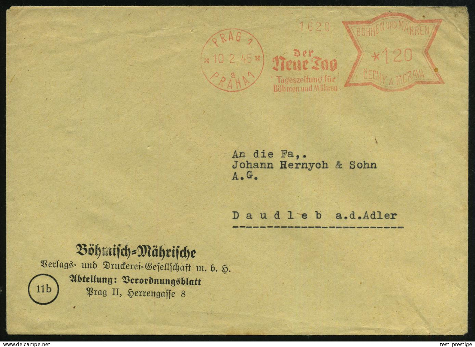 BÖHMEN & MÄHREN 1945 (10.2.) AFS. Francotyp: PRAG 1/a/PRAHA 1/Der/Neue Tag.. Mit UB "a" Im Orts-1K.!, Firmen-Bf.: Böhmis - Other & Unclassified