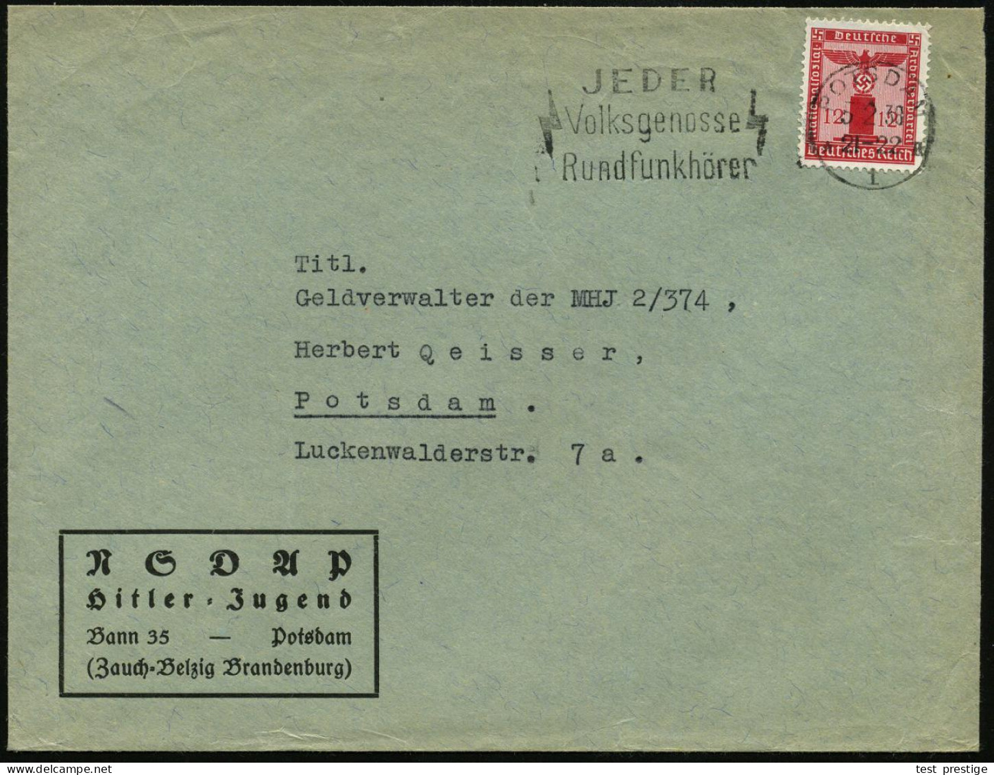 POTSDAM/ *1a/ JEDER/ Volksgenosse/ Rundfunkhörer 1938 (5.2.) MWSt Auf Parteidienst 12 Pf., EF , Dienst-Bf.: NSDAP, Hitle - Sonstige & Ohne Zuordnung