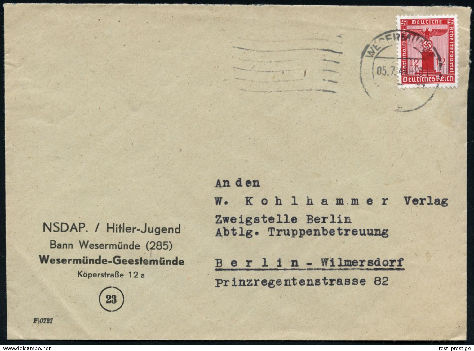 WESERMÜNDE/ A 1944 (5.7.) MaWellenSt (6 Wellen Links) Auf Parteidienst 12 Pf. EF , Dienst-Bf.: NSDAP Hitler-Jugend, Bann - Andere & Zonder Classificatie