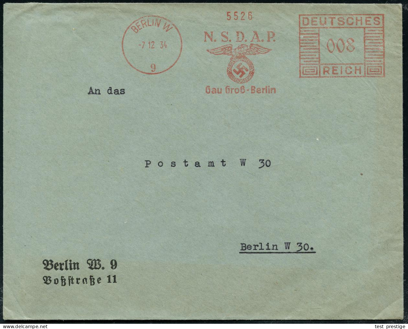 BERLIN W/ 9/ N.S.D.A.P./ Gau Groß-Berlin 1934 (7.12.) AFS Francotyp (Hakenkreuz-Adler) Klar Gest. Orts-Bf. (Dü.E-2CEh) - - Other & Unclassified