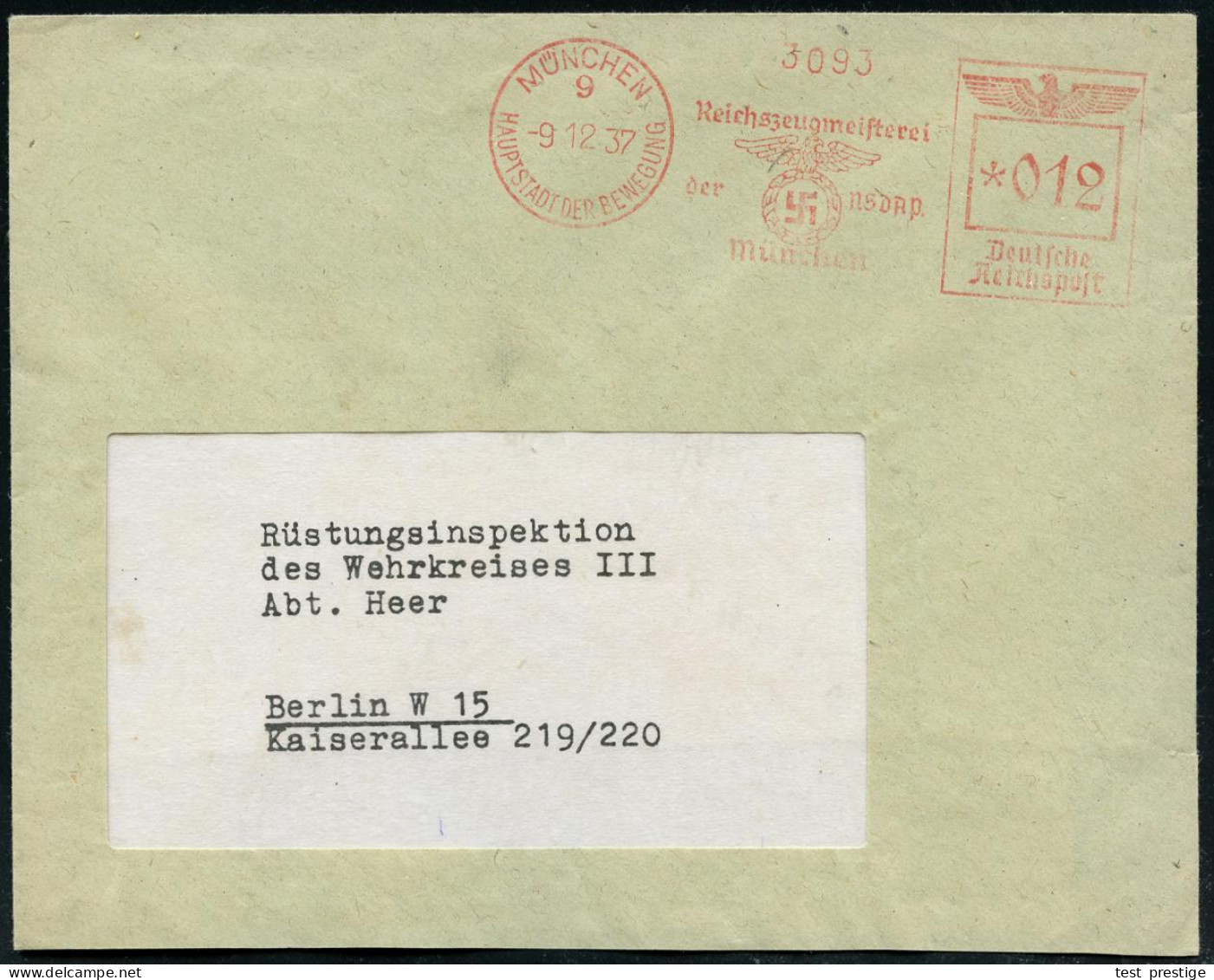 MÜNCHEN/ 9/ HDB/ Reichszeugmeisterei/ Der NSDAP.. 1937 (9.12.) AFS Francotyp (Hakenkreuz-Adler) Fern-Bf. (rs. Teil Der K - Autres & Non Classés