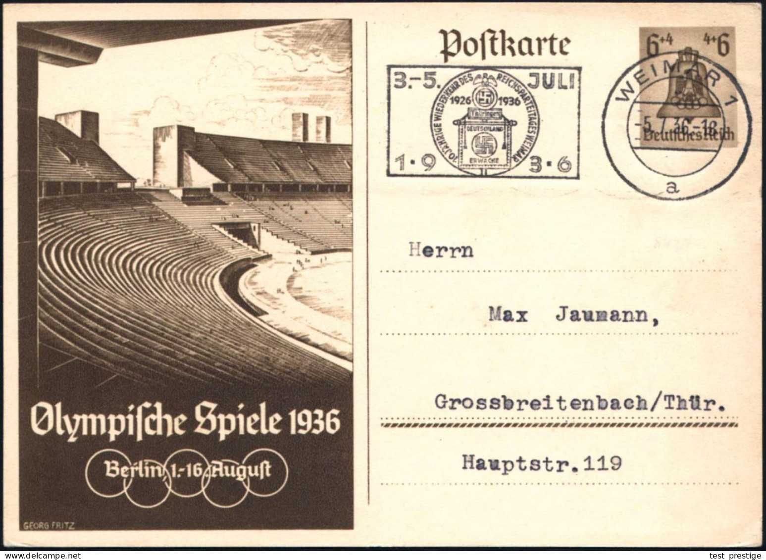 WEIMAR 1/ A/ 10 JAHRE WIEDERKEHR DES REICHSPARTEITAGES.. 1936 (5.7.) MWSt = NSDAP-Standarte Im = Jubiläum Im Olympiajahr - Sonstige & Ohne Zuordnung